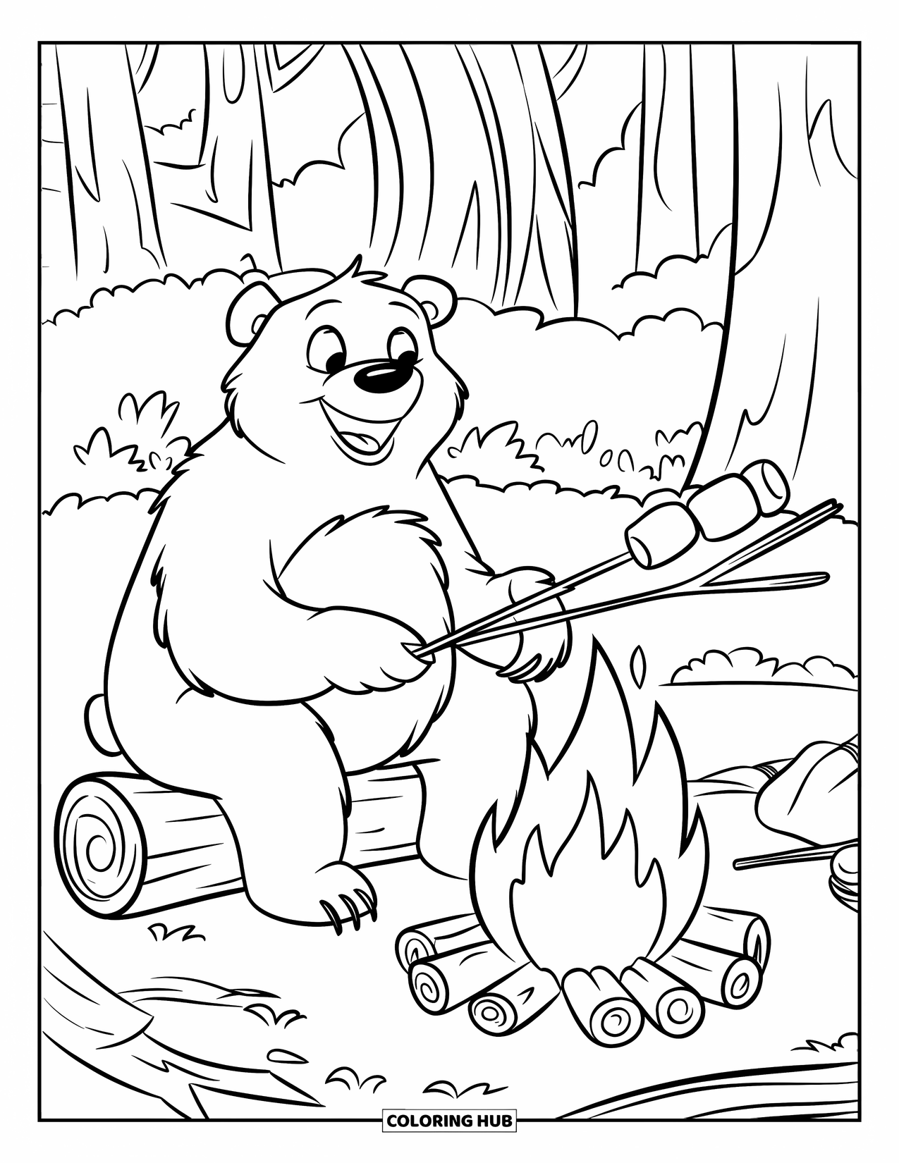 Disegno di orso da colorare per bambini: Un orso allegro arrostisce marshmallow su un tronco accanto a dei bastoncini in una foresta