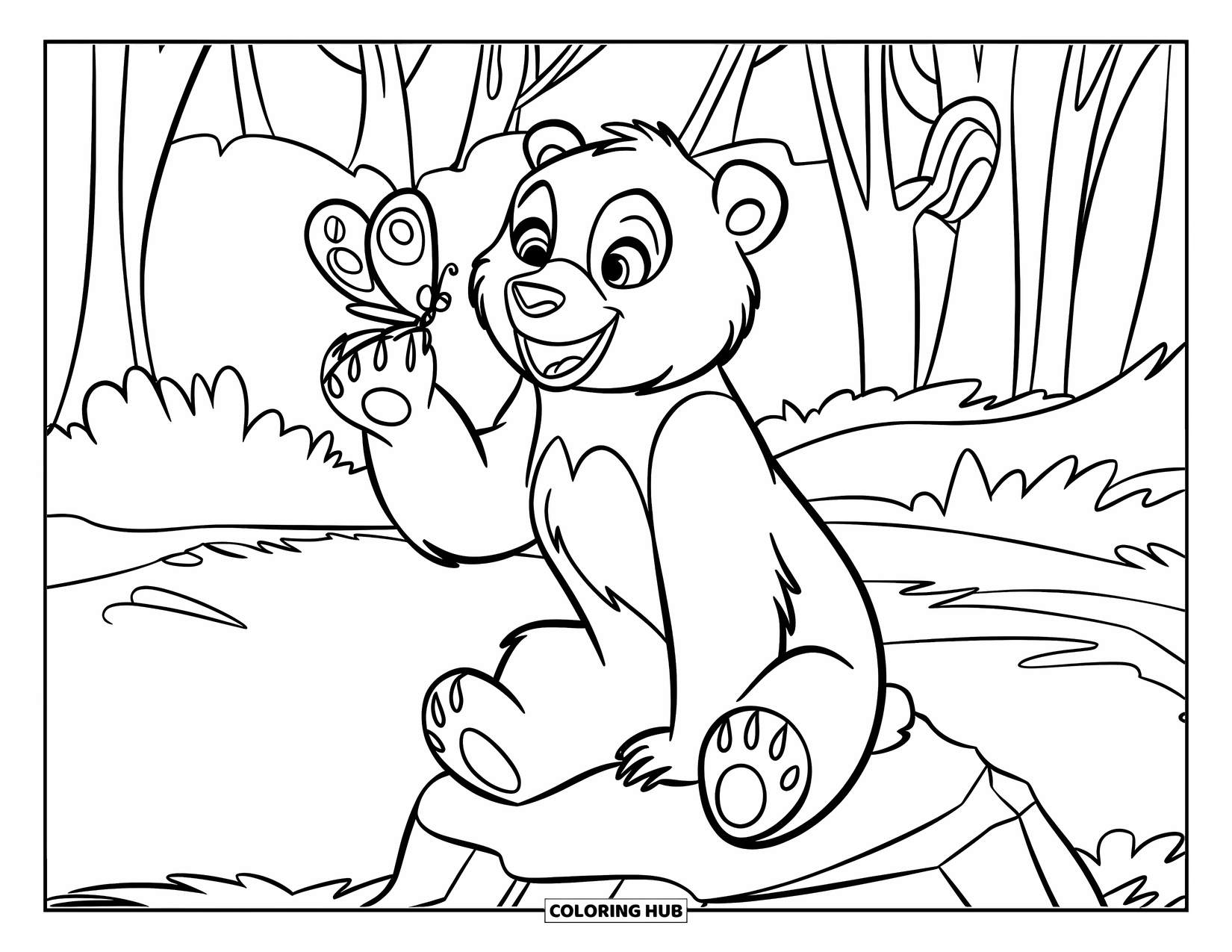 Disegno di orso da colorare per bambini: Un orso allegro guarda una farfalla danzare nell'aria mentre riposa su una roccia