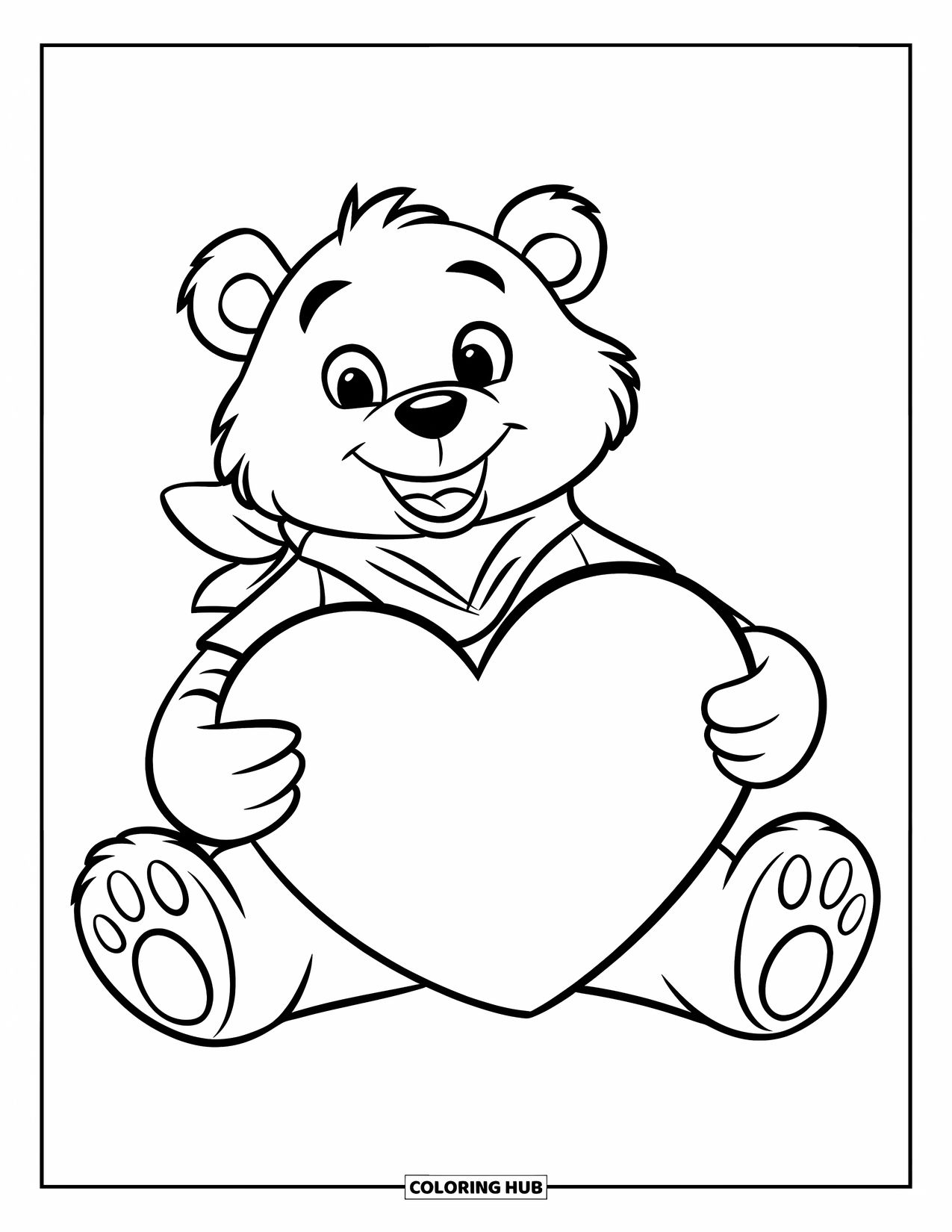 Disegno di orso da colorare per bambini: Un orso allegro con una maglietta verde e una sciarpa rossa tiene un grande cuore