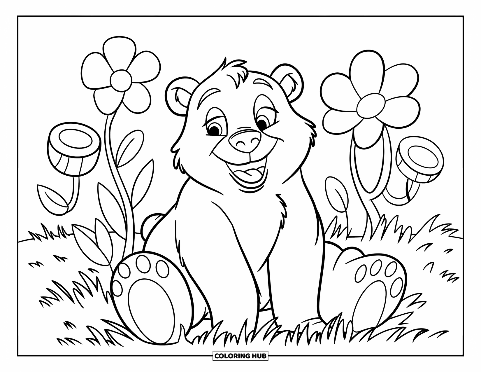 Disegno di orso da colorare per bambini: Un allegro orso con una maglietta rossa siede in un prato con grandi fiori audaci