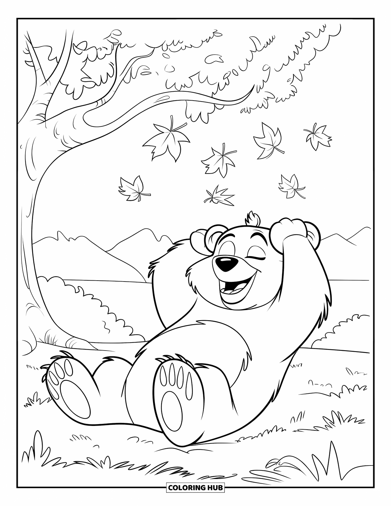 Disegno di orso da colorare per bambini: Un orso soddisfatto giace sotto un albero, circondato da foglie autunnali turbinanti