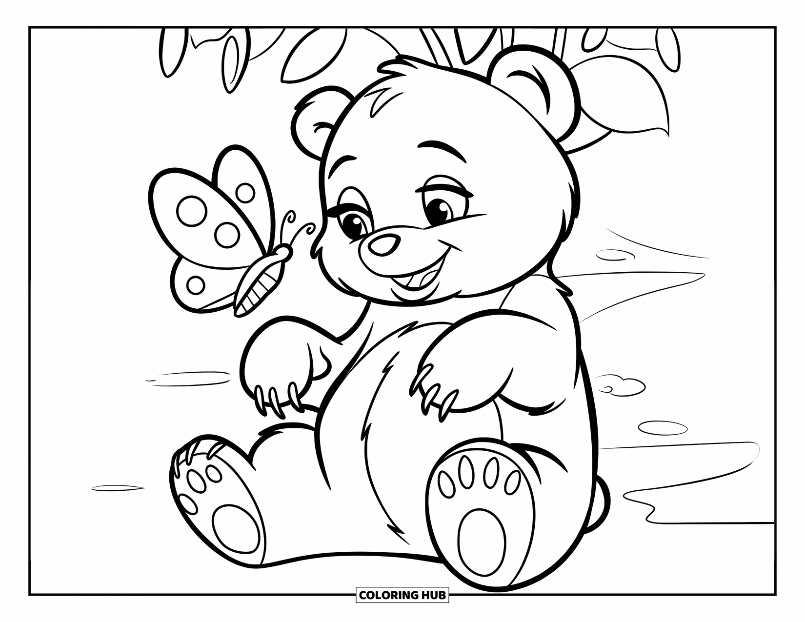 Disegno di orso da colorare per bambini: Un orso curioso si protende mentre una farfalla svolazza vicino al suo naso