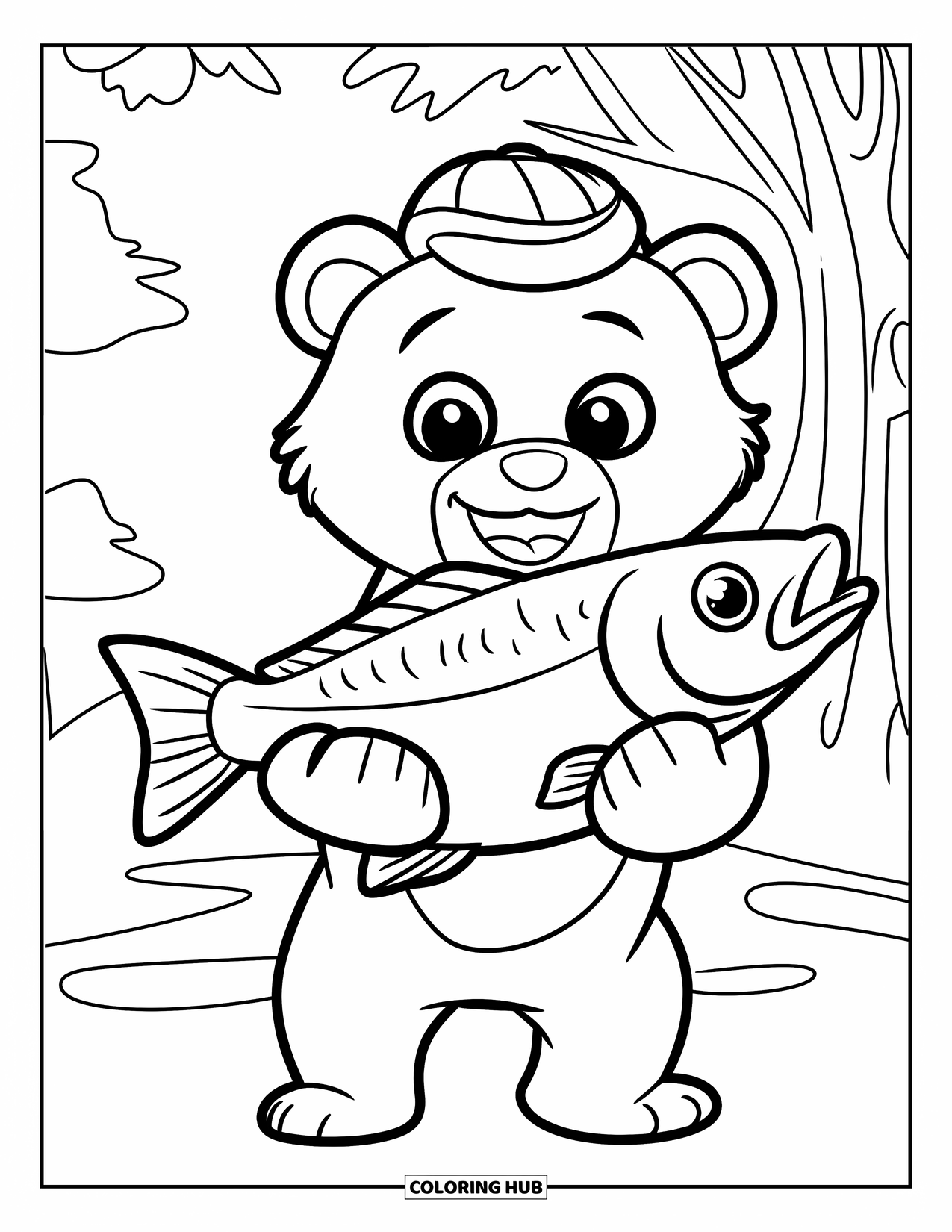Disegno di orso da colorare per bambini: Un orso carino con un cappello tiene un grosso pesce con un albero dietro