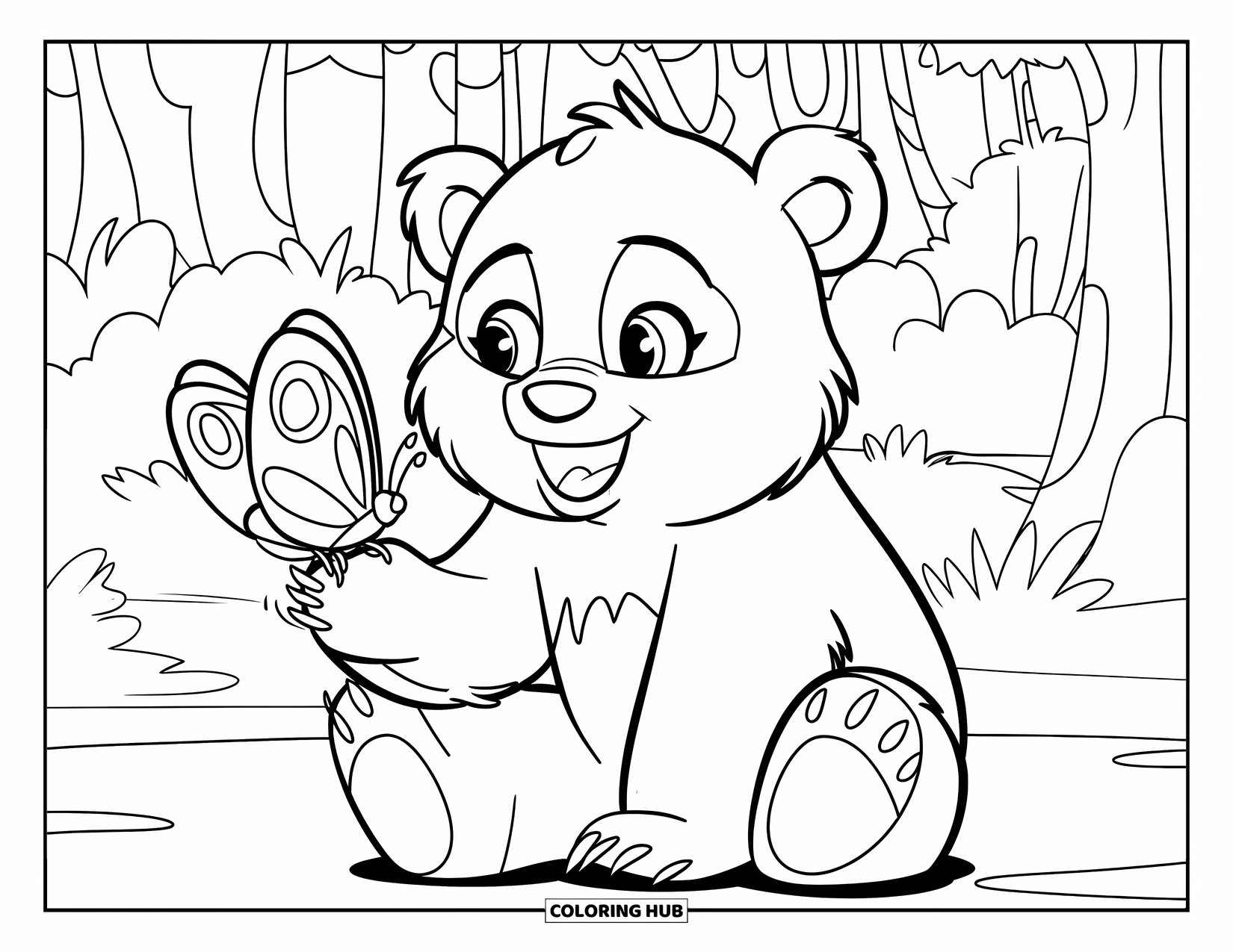 Disegno di orso da colorare per bambini: Un orso felice siede con una farfalla appollaiata sulla sua zampa, circondato da alberi