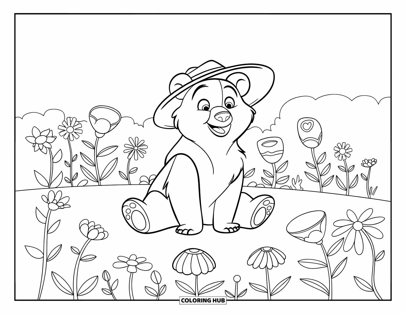 Disegno di orso da colorare per bambini: Un orso con un cappello siede in un prato con grandi fiori sotto un cielo