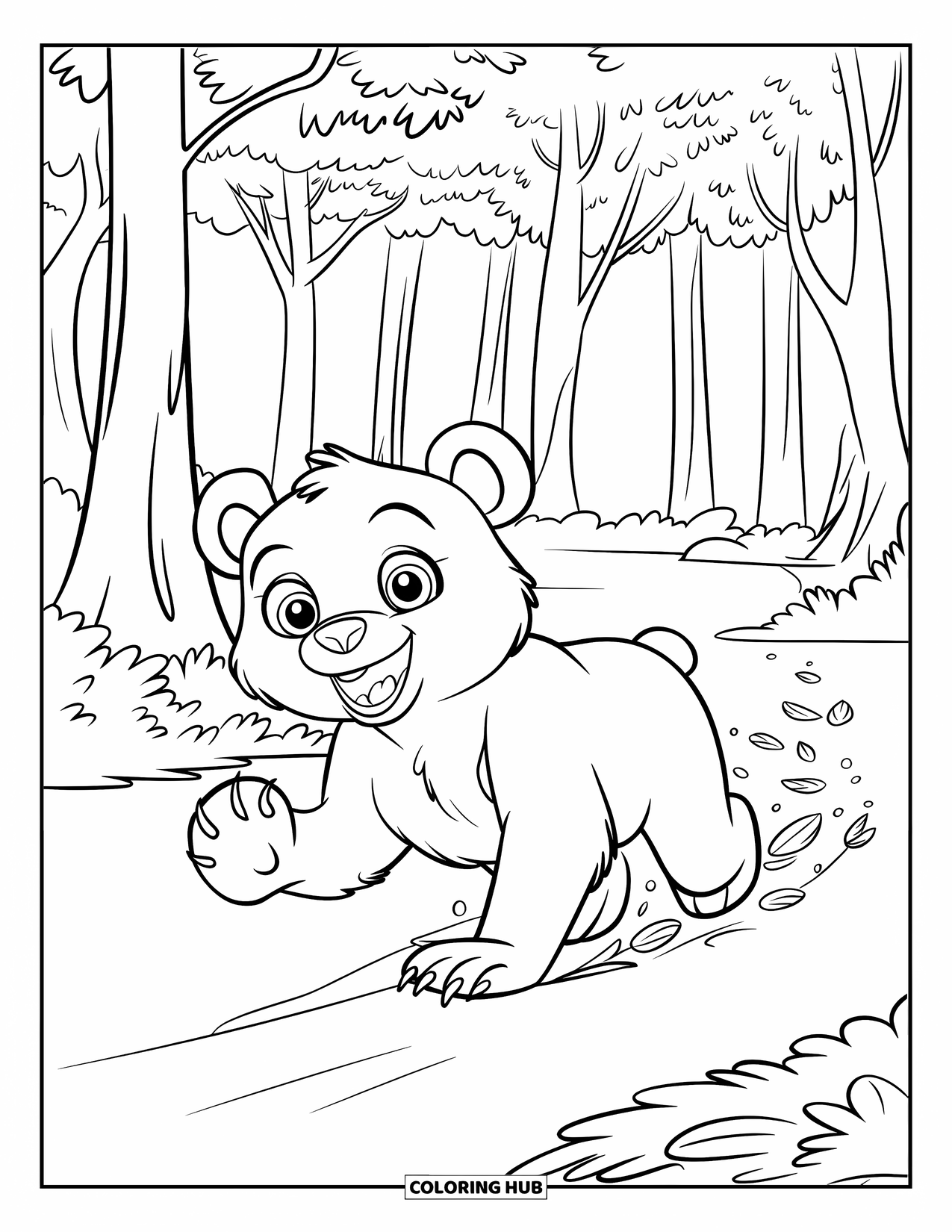 Disegno di orso da colorare per bambini: Un orso gioioso corre tra gli alberi, con gli occhi spalancati per l'eccitazione