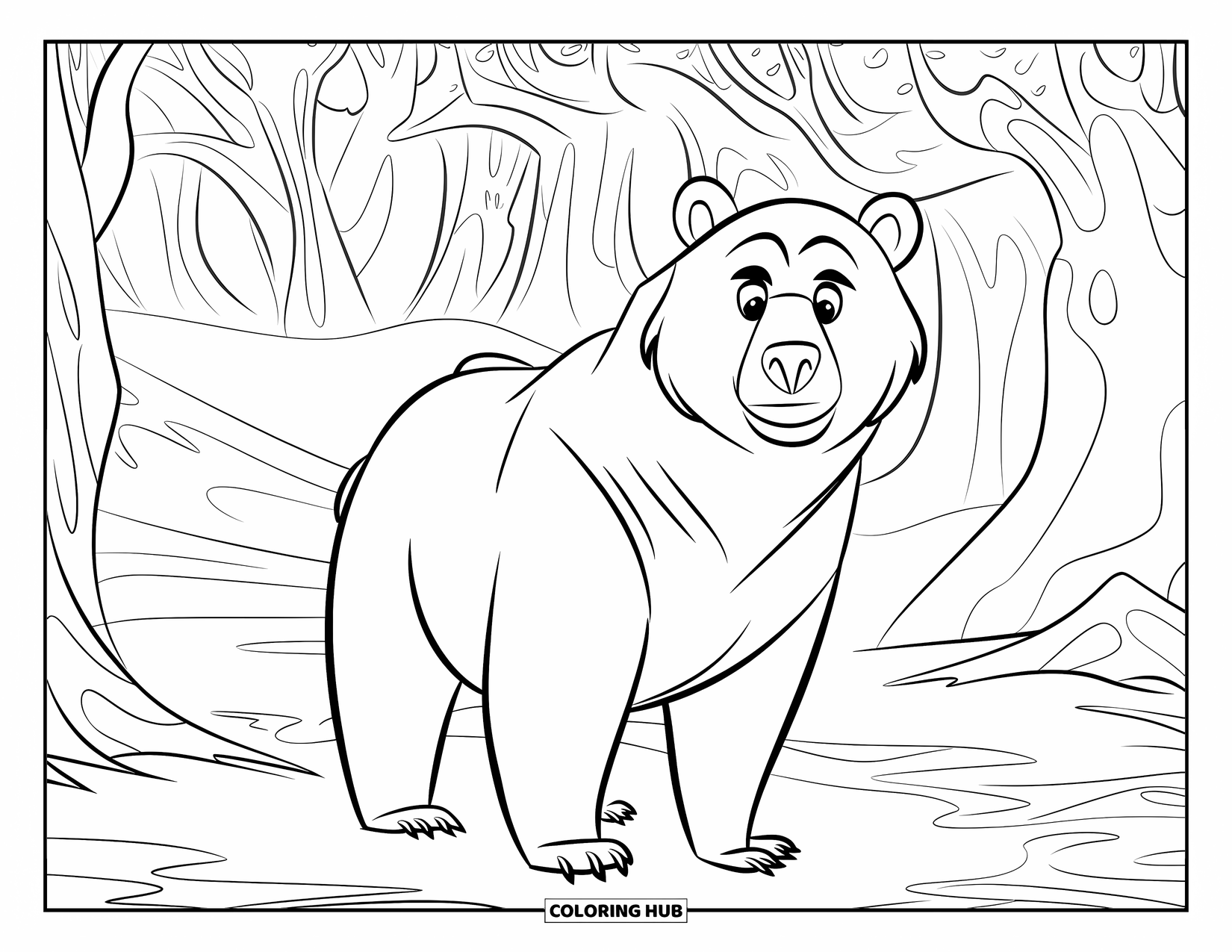 Disegno di orso da colorare per bambini: Un orso maestoso scruta attraverso i boschi nebbiosi, circondato da alberi antichi