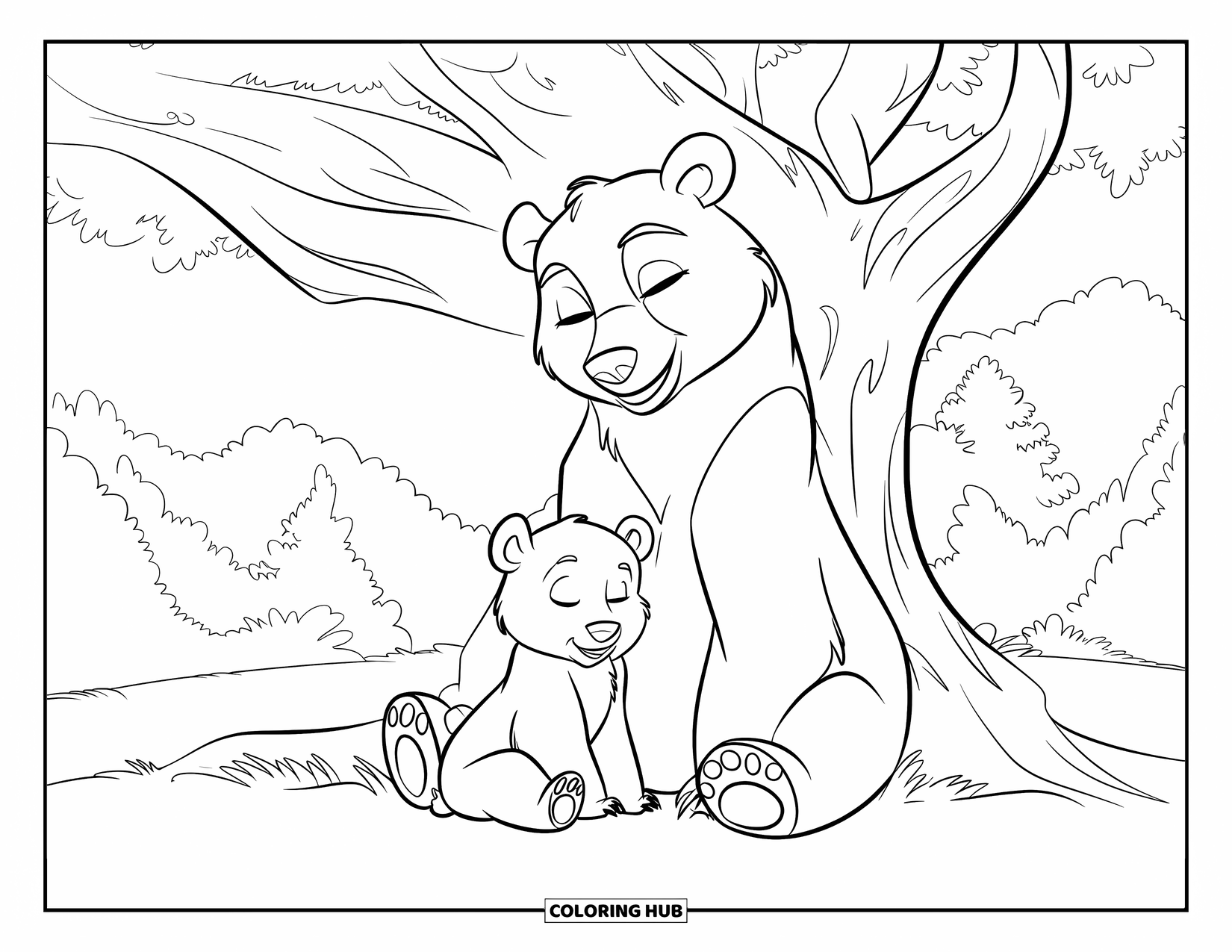 Disegno di orso da colorare per bambini: Una mamma orsa e il suo cucciolo condividono un tenero momento sotto l'ombra di un albero della foresta