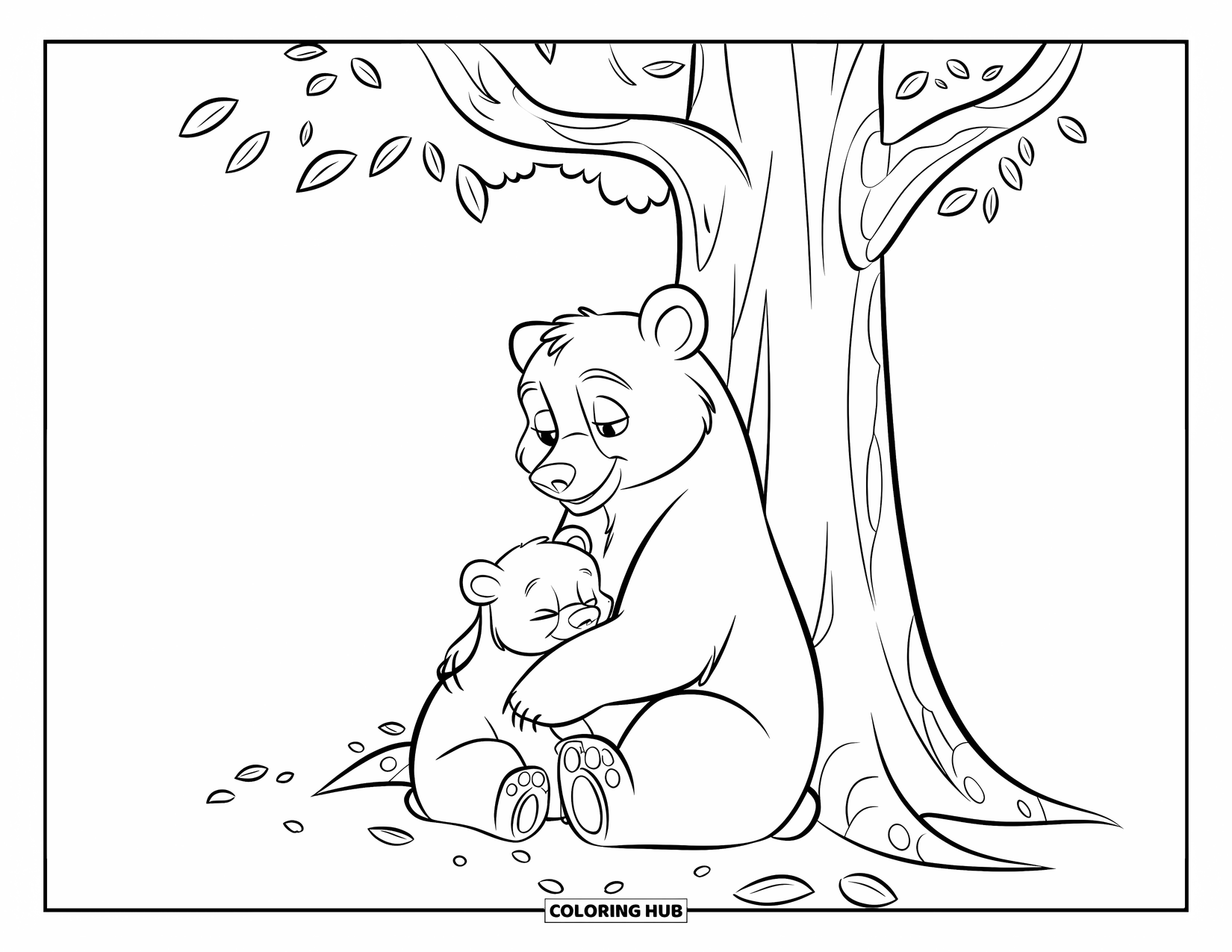 Disegno di orso da colorare per bambini: Una mamma orsa tiene stretto il suo cucciolo mentre riposano sotto un albero alto e frondoso