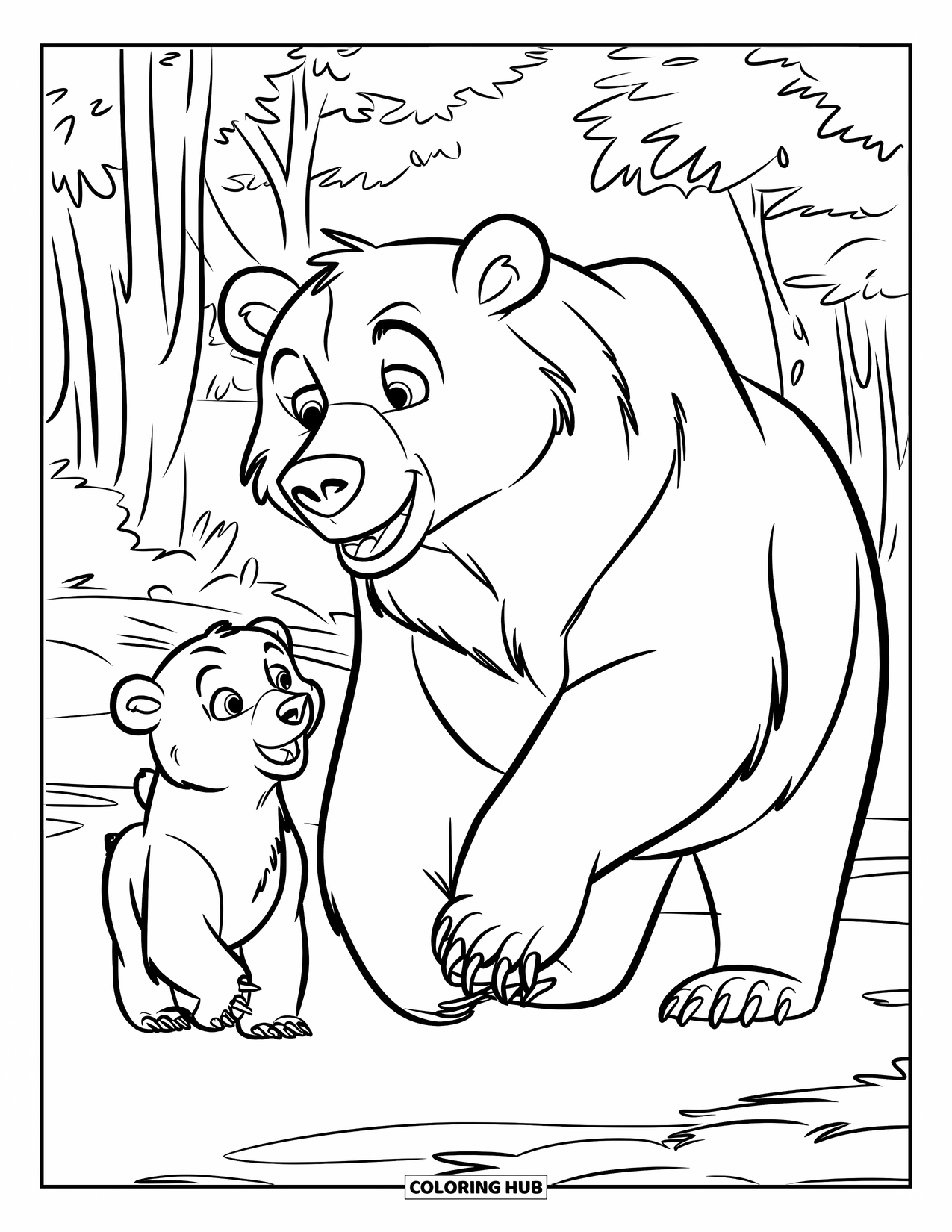 Disegno di orso da colorare per bambini: Una mamma orsa guida il suo cucciolo attraverso un tranquillo sentiero forestale