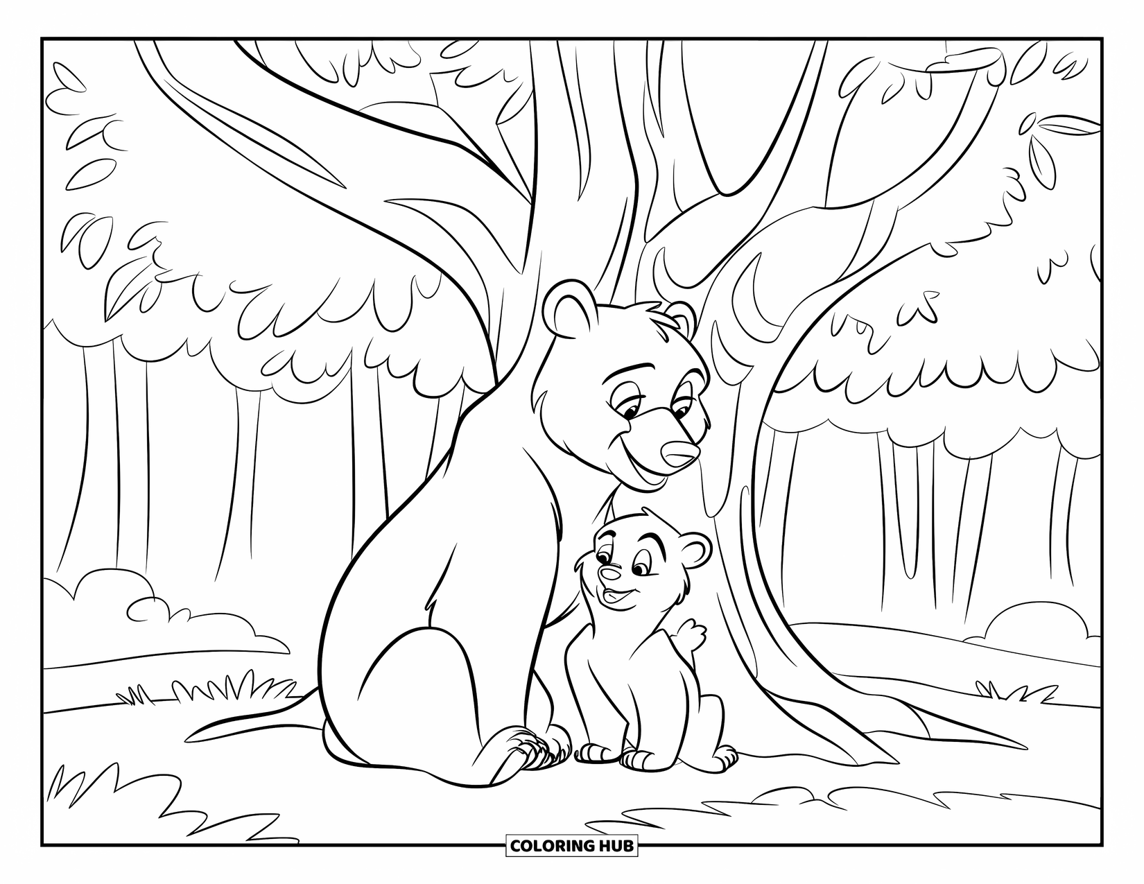 Disegno di orso da colorare per bambini: Una mamma orsa coccola amorevolmente il suo cucciolo all'ombra di un grande albero
