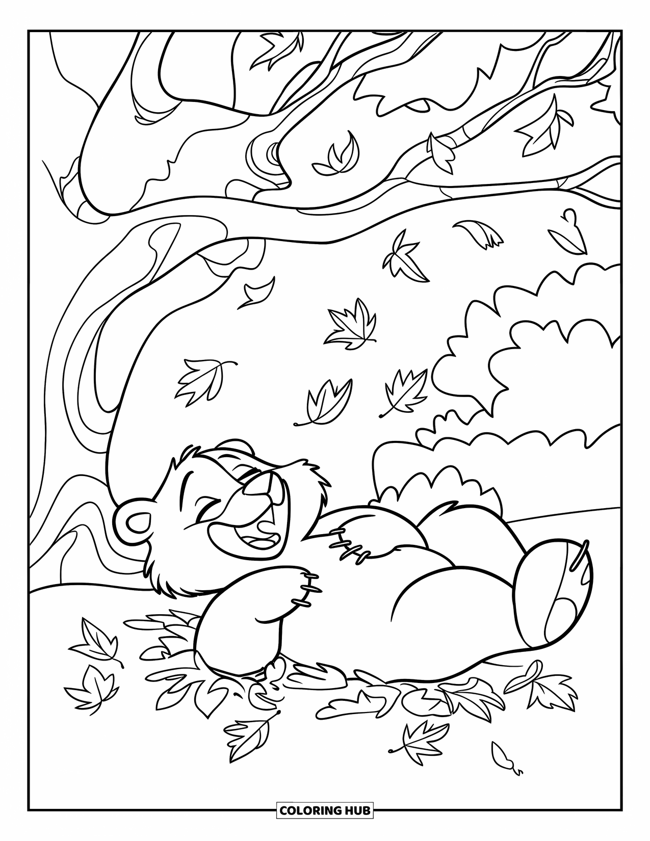 Disegno di orso da colorare per bambini: Un orso pacifico riposa su un mucchio di foglie mentre i colori autunnali riempiono l'aria