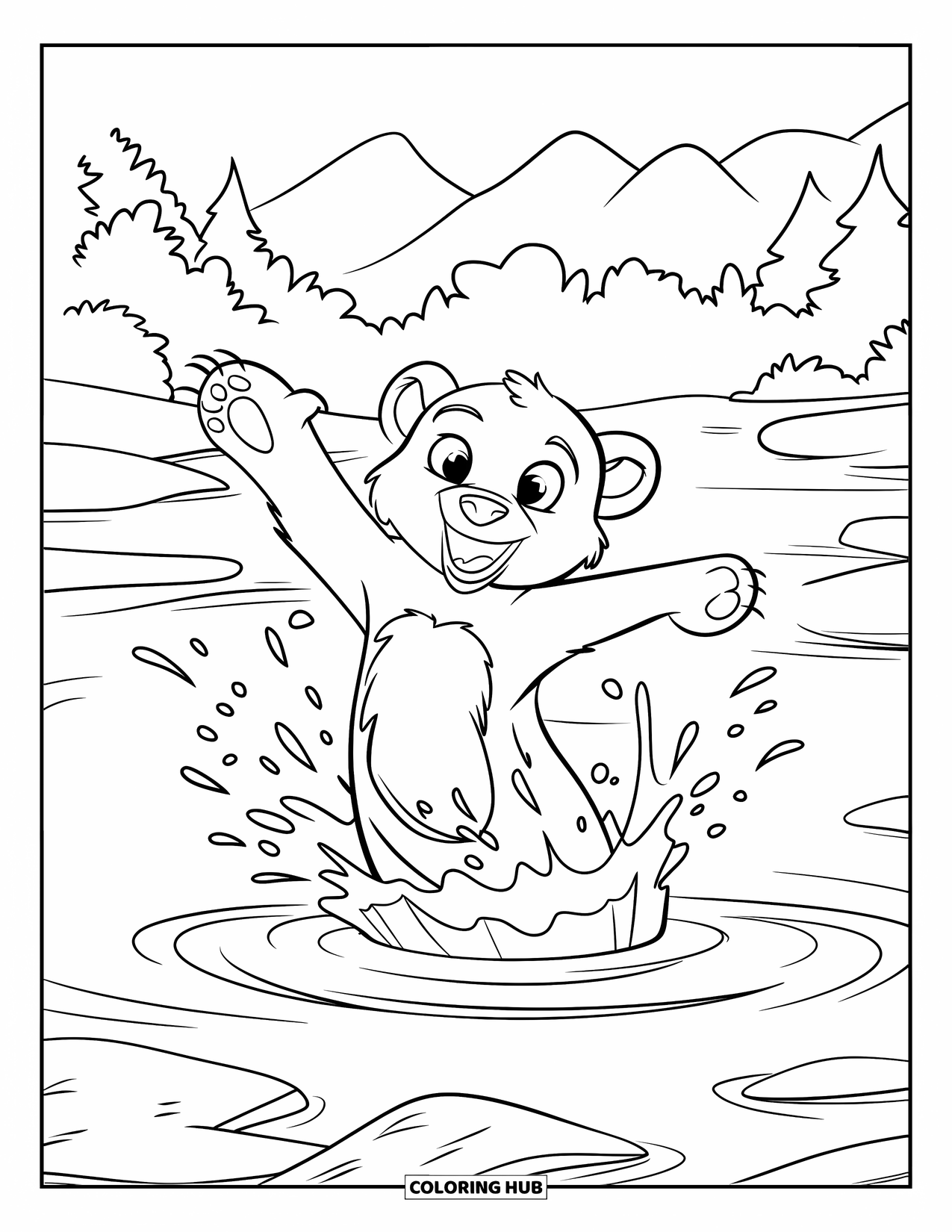 Disegno di orso da colorare per bambini: Un cucciolo d'orso giocherellone alza la zampa per spruzzare acqua vicino ad alberi e montagne