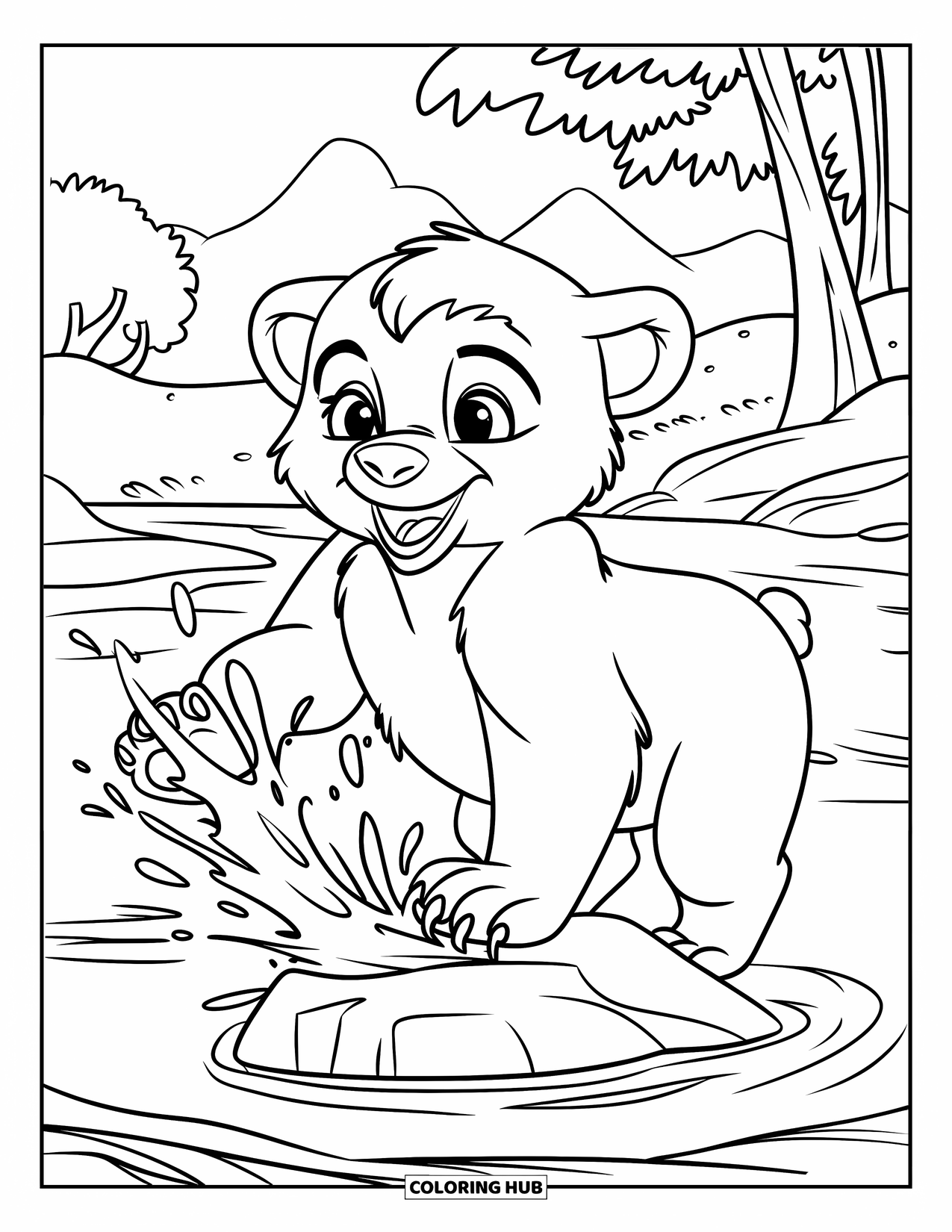 Disegno di orso da colorare per bambini: Un cucciolo d'orso giocherellone spruzza acqua da una roccia vicino ad alberi e montagne