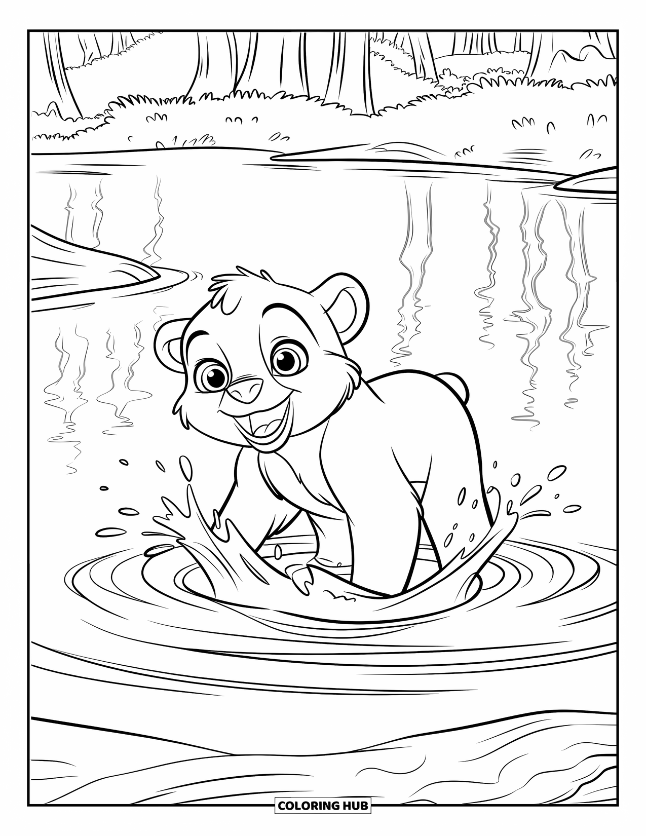 Disegno di orso da colorare per bambini: Un cucciolo d'orso giocherellone spruzza acqua mentre si trova su una roccia in un fiume