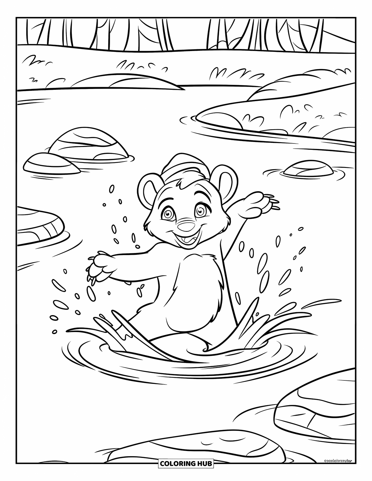 Disegno di orso da colorare per bambini: Un cucciolo d'orso giocherellone con un cappello spruzza acqua da una roccia tra gli alberi