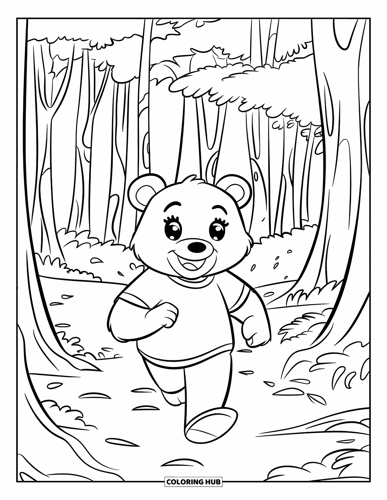Disegno di orso da colorare per bambini: Un orso giocherellone sfreccia attraverso la foresta, sollevando foglie sparse