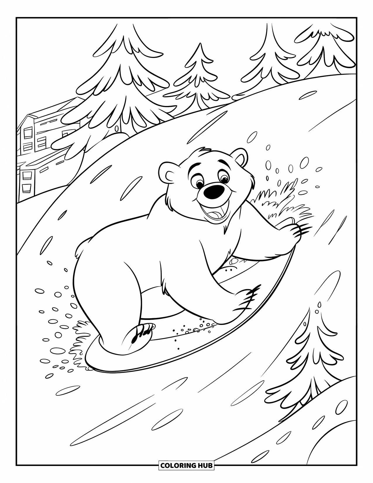Disegno di orso da colorare per bambini: Un orso polare giocherellone sfreccia giù per una collina innevata, godendosi la brezza invernale