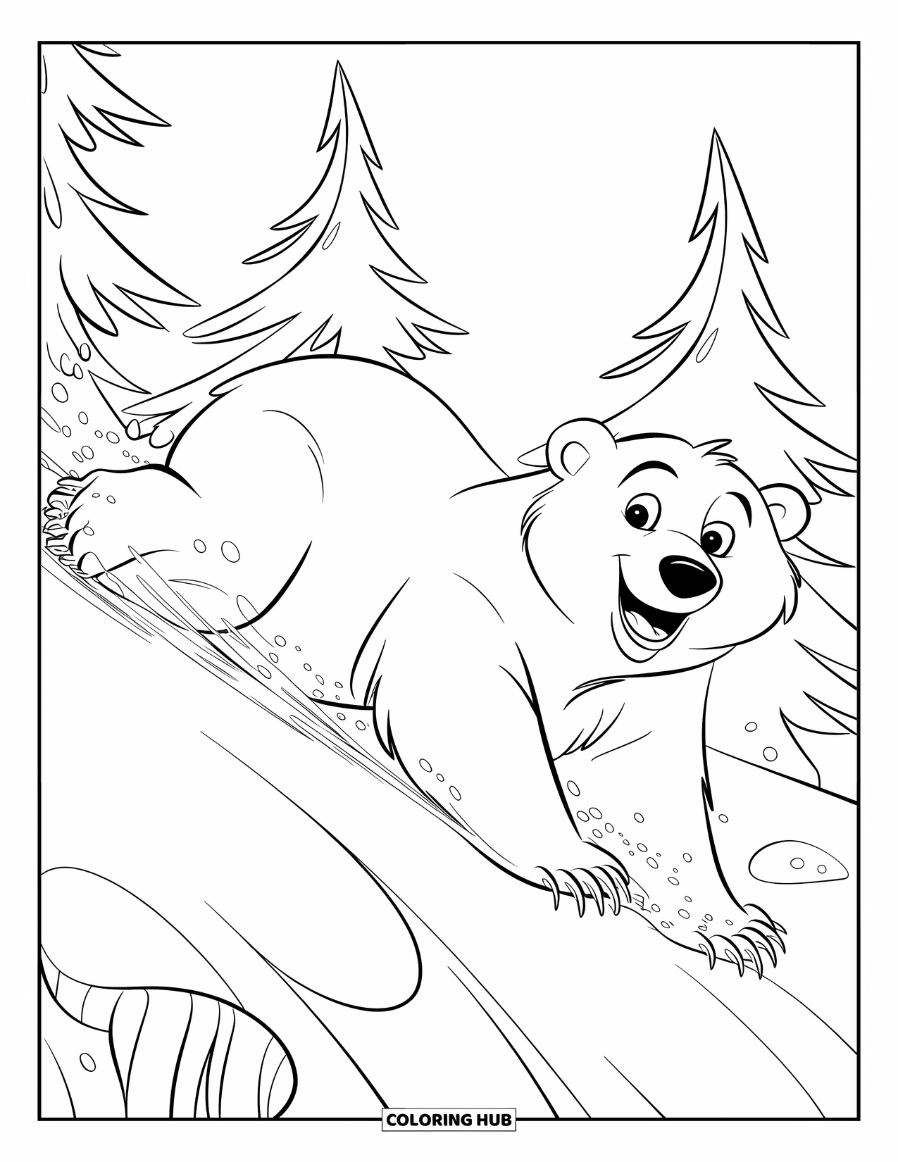 Disegno di orso da colorare per bambini: Un orso polare scivola allegramente giù per un pendio innevato, lasciandosi dietro una scia