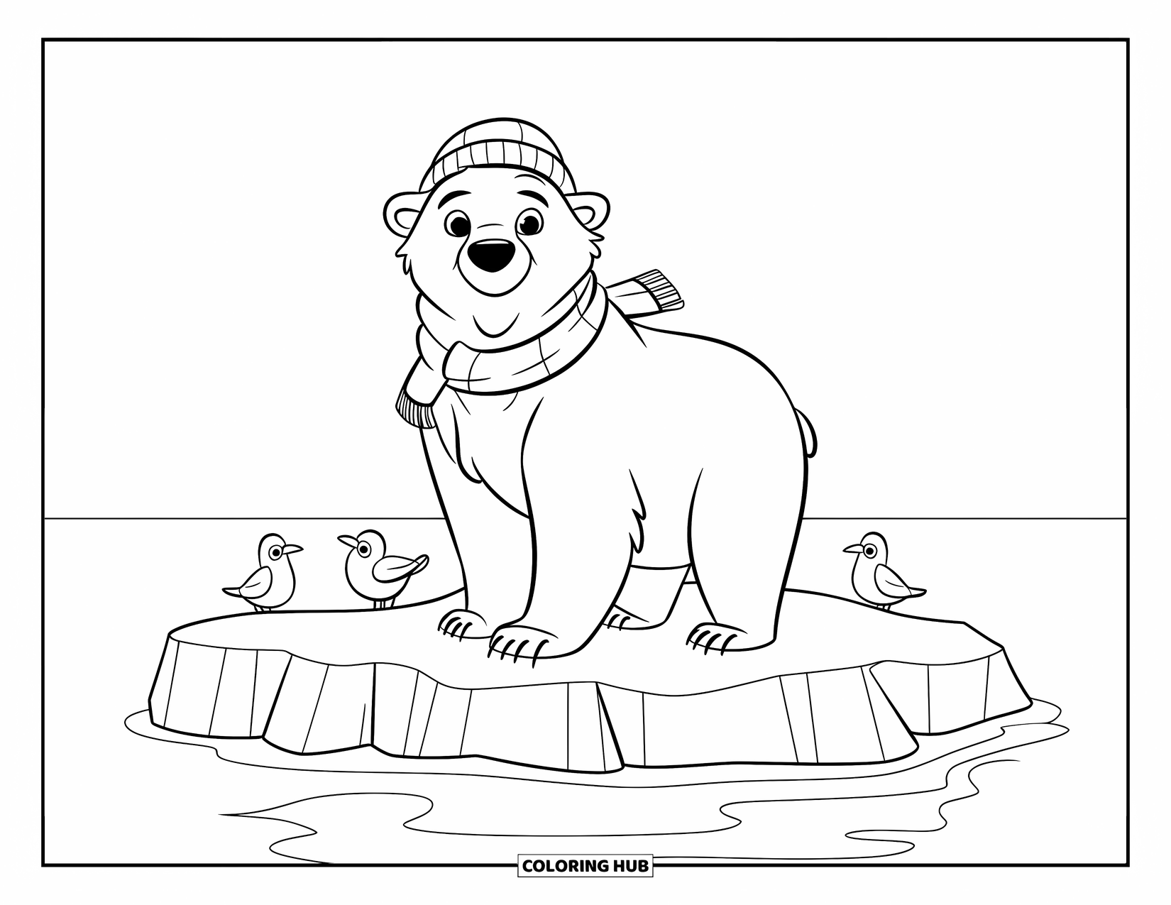 Disegno di orso da colorare per bambini: Un orso polare con sciarpa e cappello si erge su un iceberg con uccelli sopra l'oceano