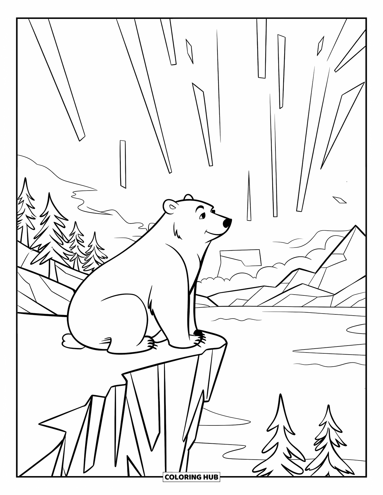 Disegno di orso da colorare per bambini: Un orso polare riposa su una scogliera innevata, guardando l'aurora boreale