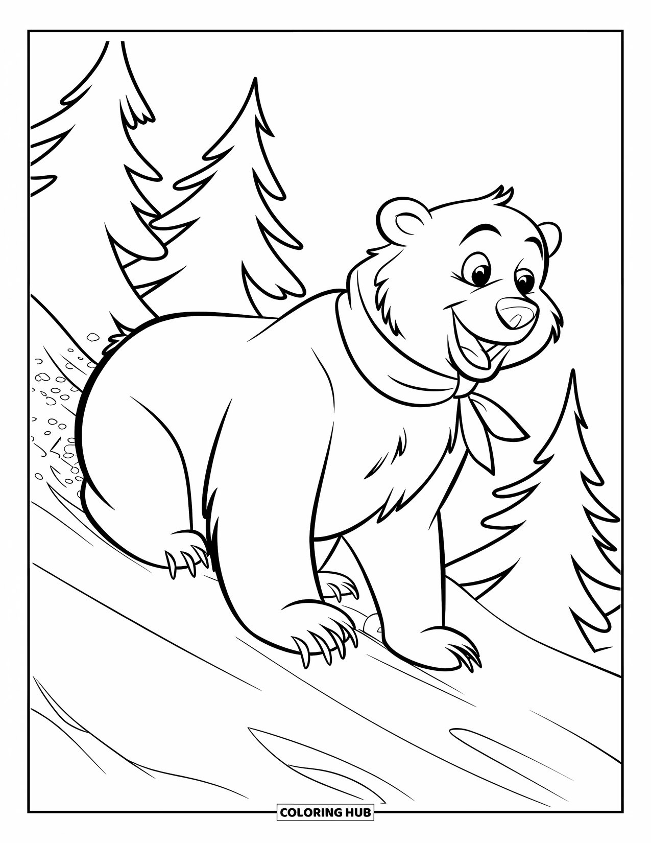 Disegno di orso da colorare per bambini: Un orso polare scivola giù per una collina innevata con un sorriso gioioso