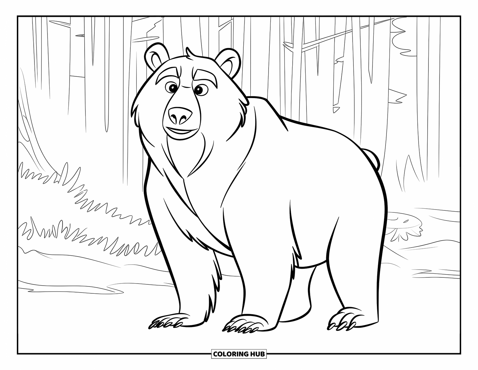 Disegno di orso da colorare per bambini: Un orso sereno si erge tra alberi imponenti, avvolto in una soffice nebbia