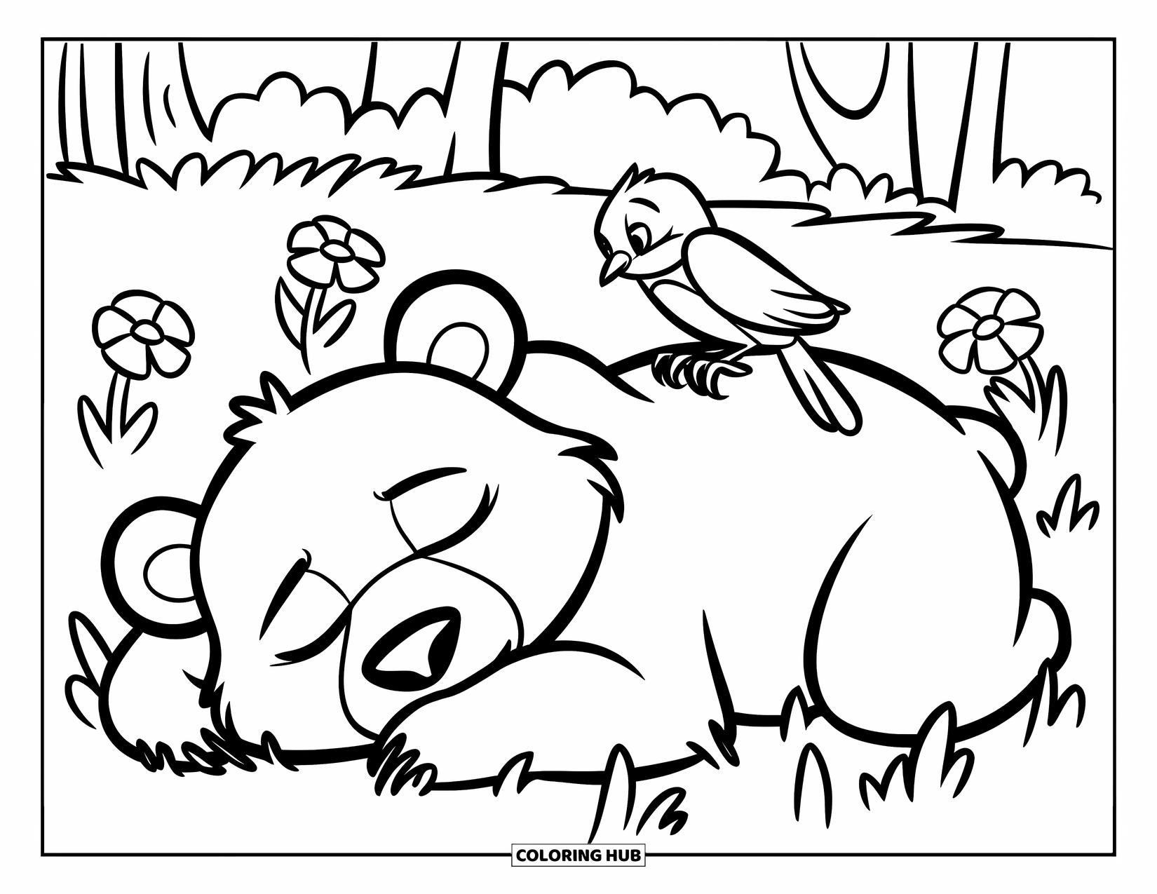 Disegno di orso da colorare per bambini: Un orso addormentato riposa pacificamente mentre un piccolo uccello si posa sulla sua schiena