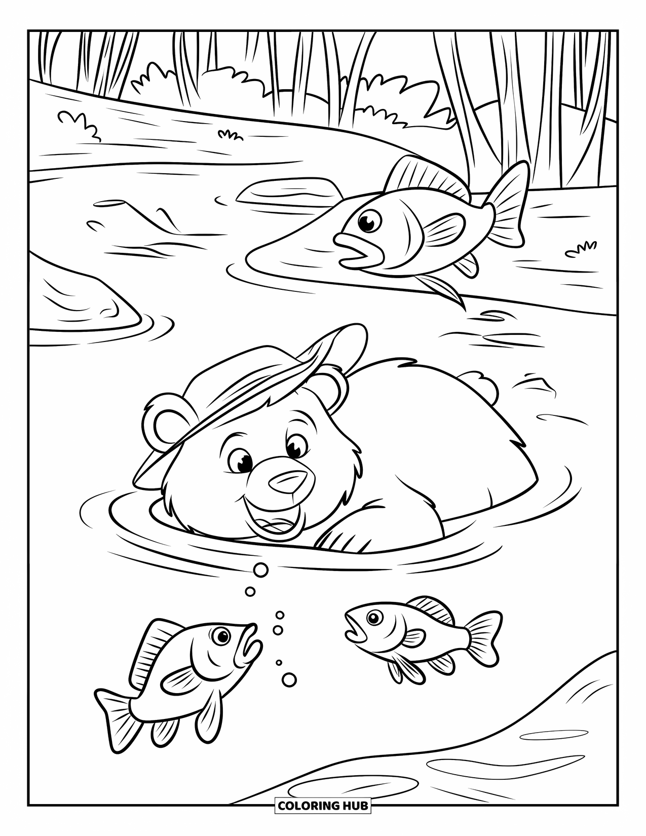 Disegno di orso da colorare per bambini: Un orso che nuota osserva i pesci saltare dal fiume scintillante