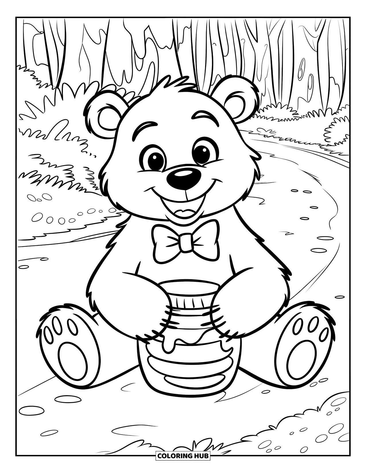 Disegno di orso da colorare per bambini: Un orso amichevole con un papillon verde siede con un barattolo di miele vicino a un sentiero forestale