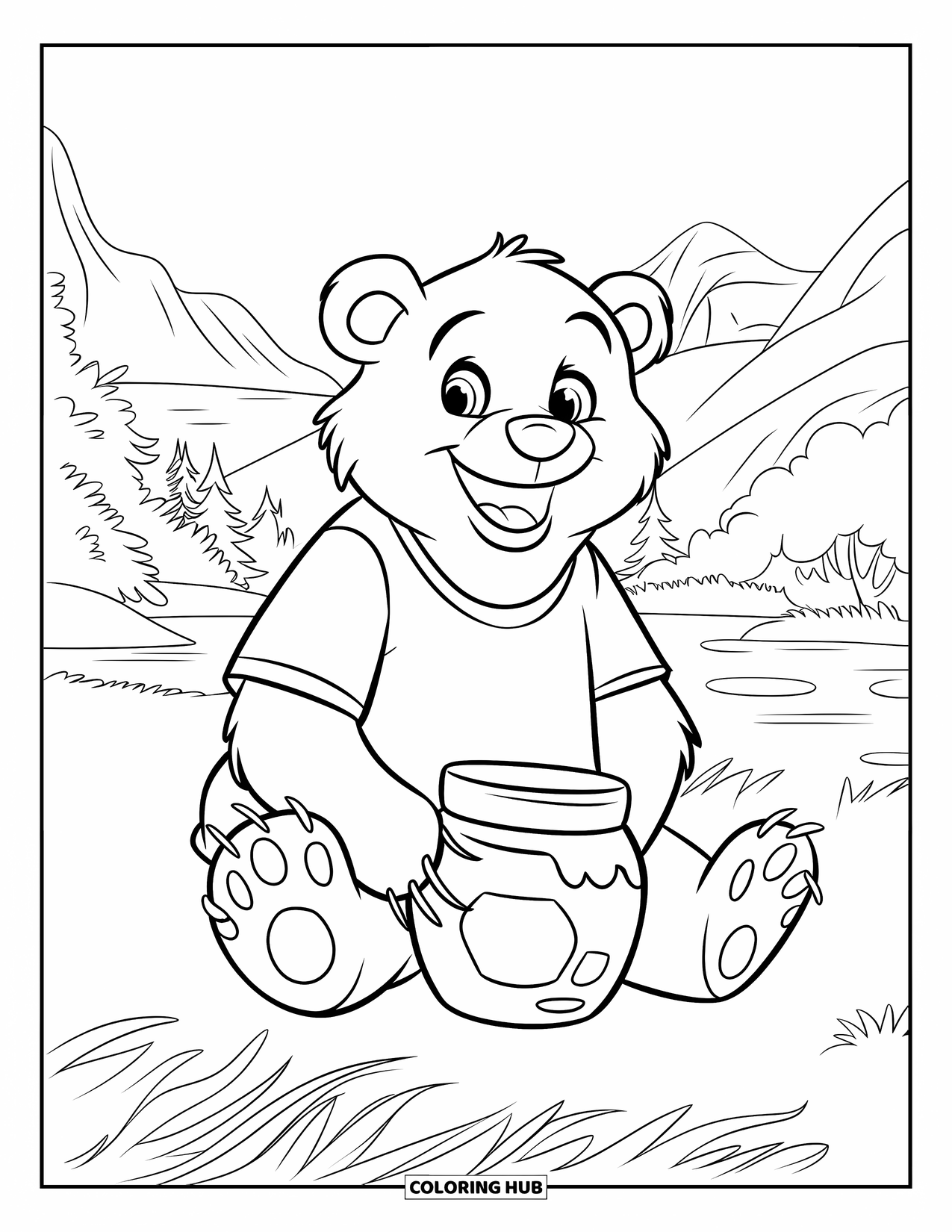 Disegno di orso da colorare per bambini: Un orso amichevole con una maglietta verde siede con un barattolo di miele in una scena serena