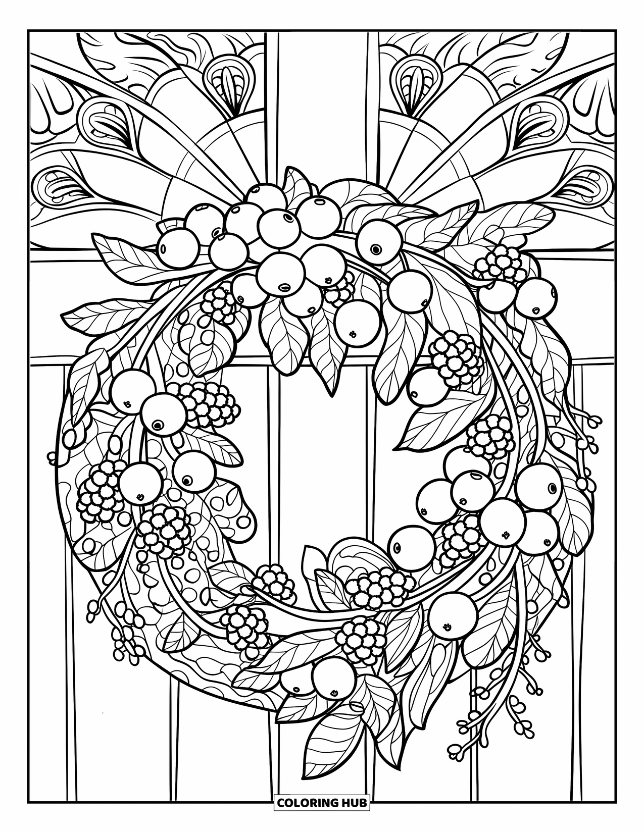 Coloriage de myrtille pour adultes : Une couronne magnifiquement détaillée de myrtilles, de fleurs et de vignes suspendue à une porte en bois