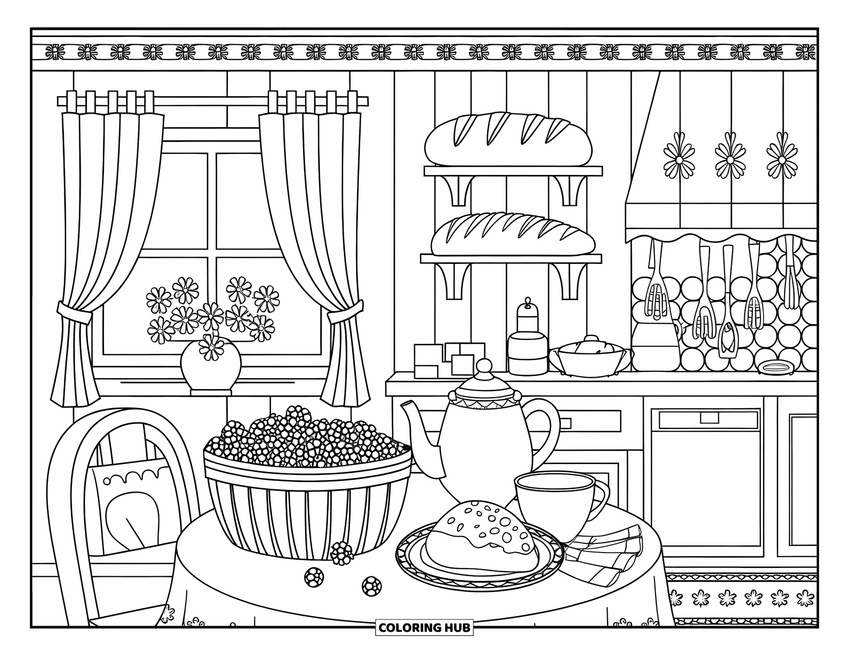Coloriage de myrtille pour adultes : Un coin cuisine charmant avec des myrtilles fraîches, une théière et une vue sur la fenêtre