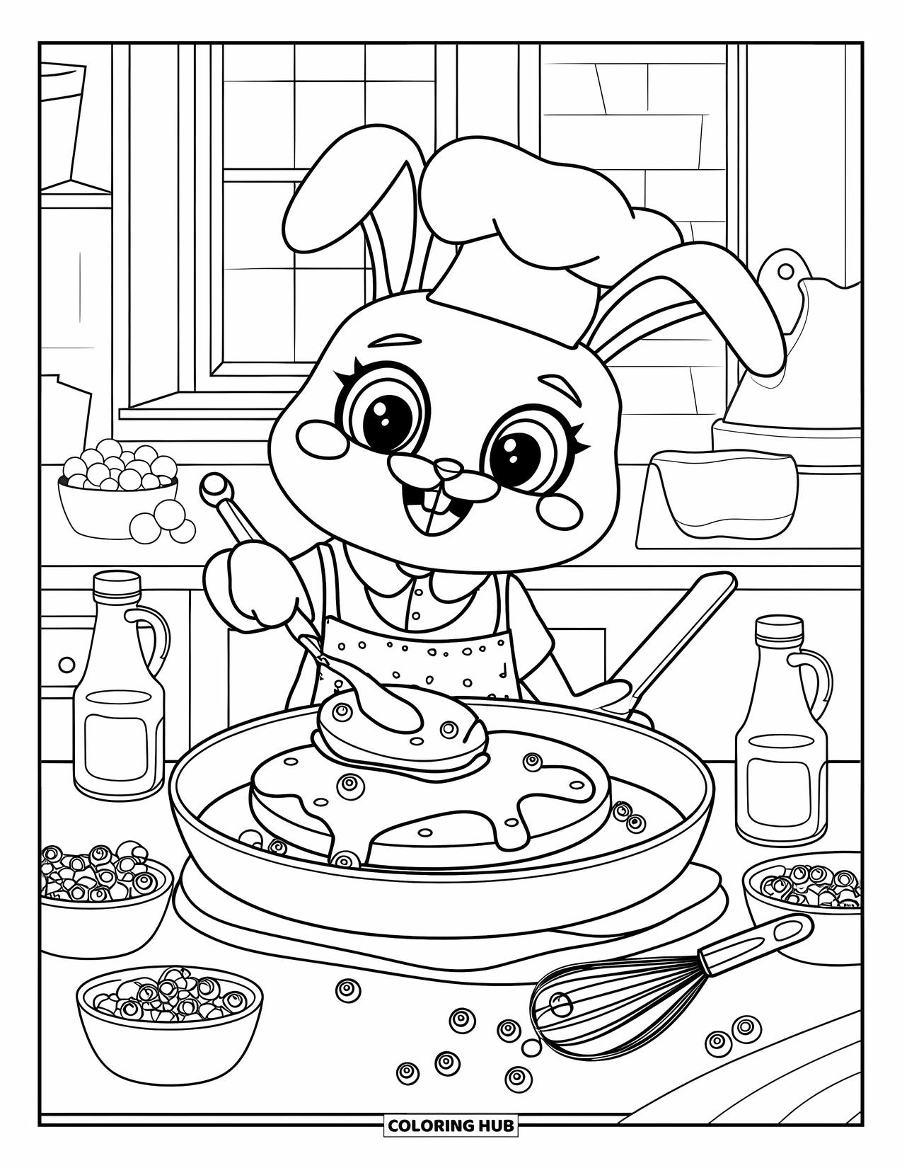 Coloriage de myrtille pour adultes : Un lapin joyeux coiffé d’un chapeau de chef retourne habilement une crêpe aux myrtilles dans une poêle