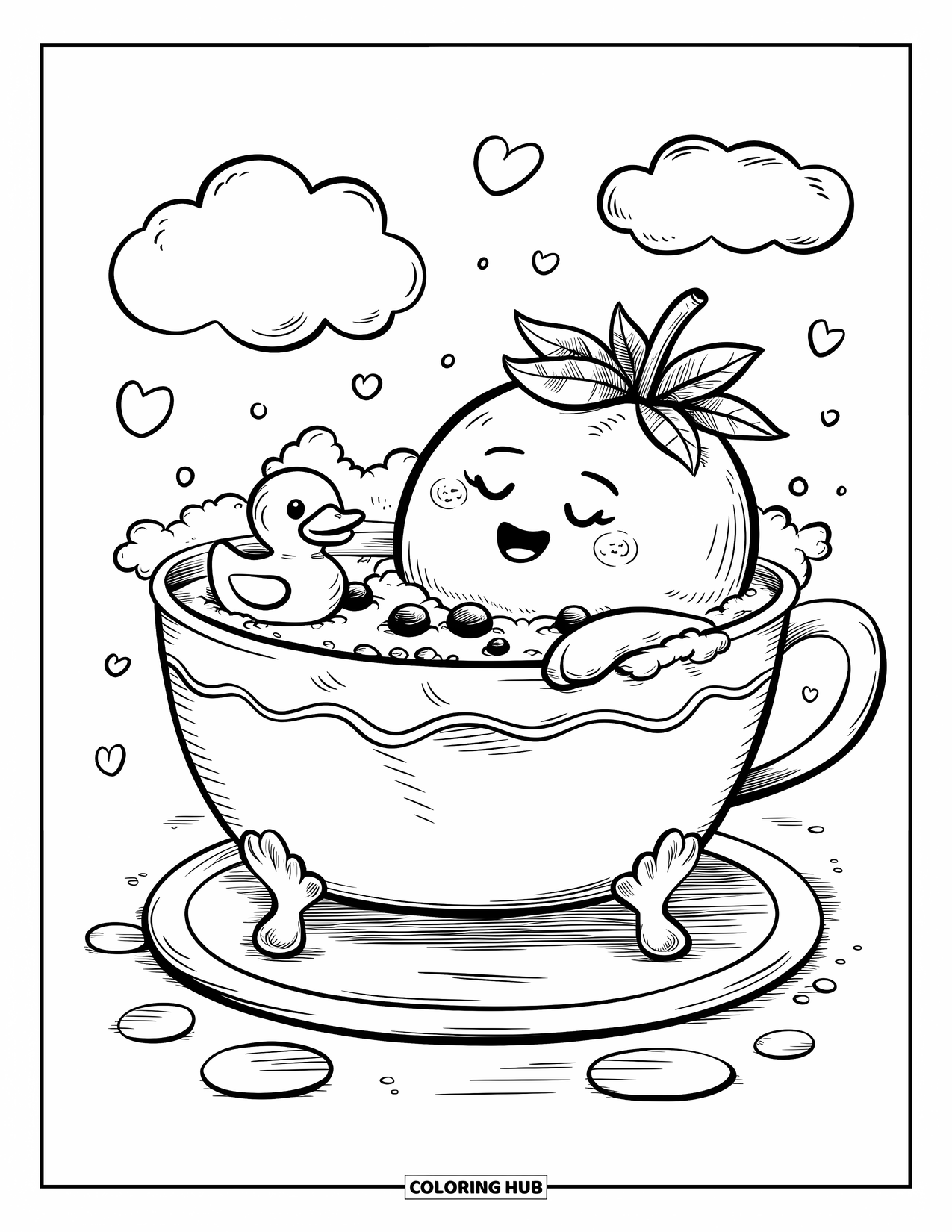 Coloriage de myrtille pour adultes : Une myrtille potelée se détend dans une baignoire en forme de tasse à thé, entourée de bulles et de baies flottantes