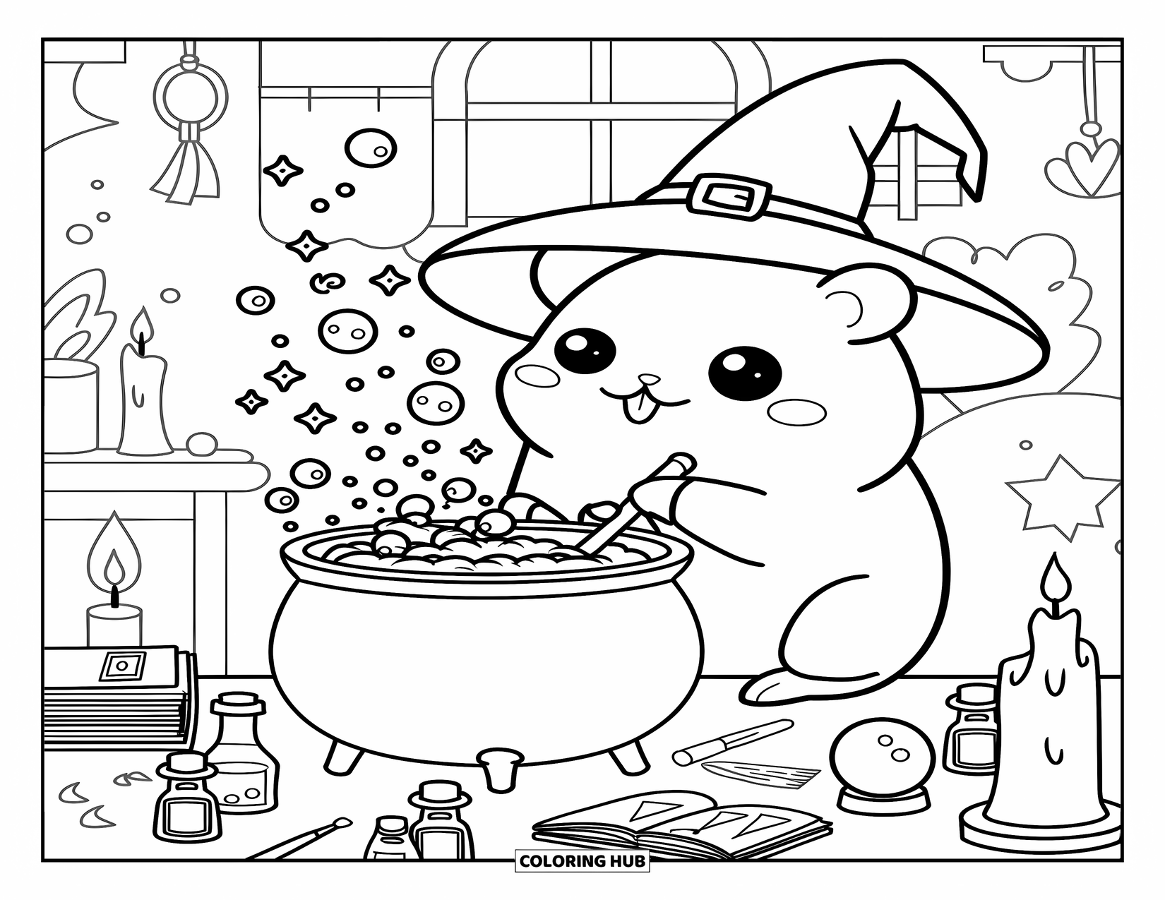 Coloriage de myrtille pour adultes : Un hamster sorcier confortable crée un sort de myrtille, entouré de bouteilles de potion et de livres