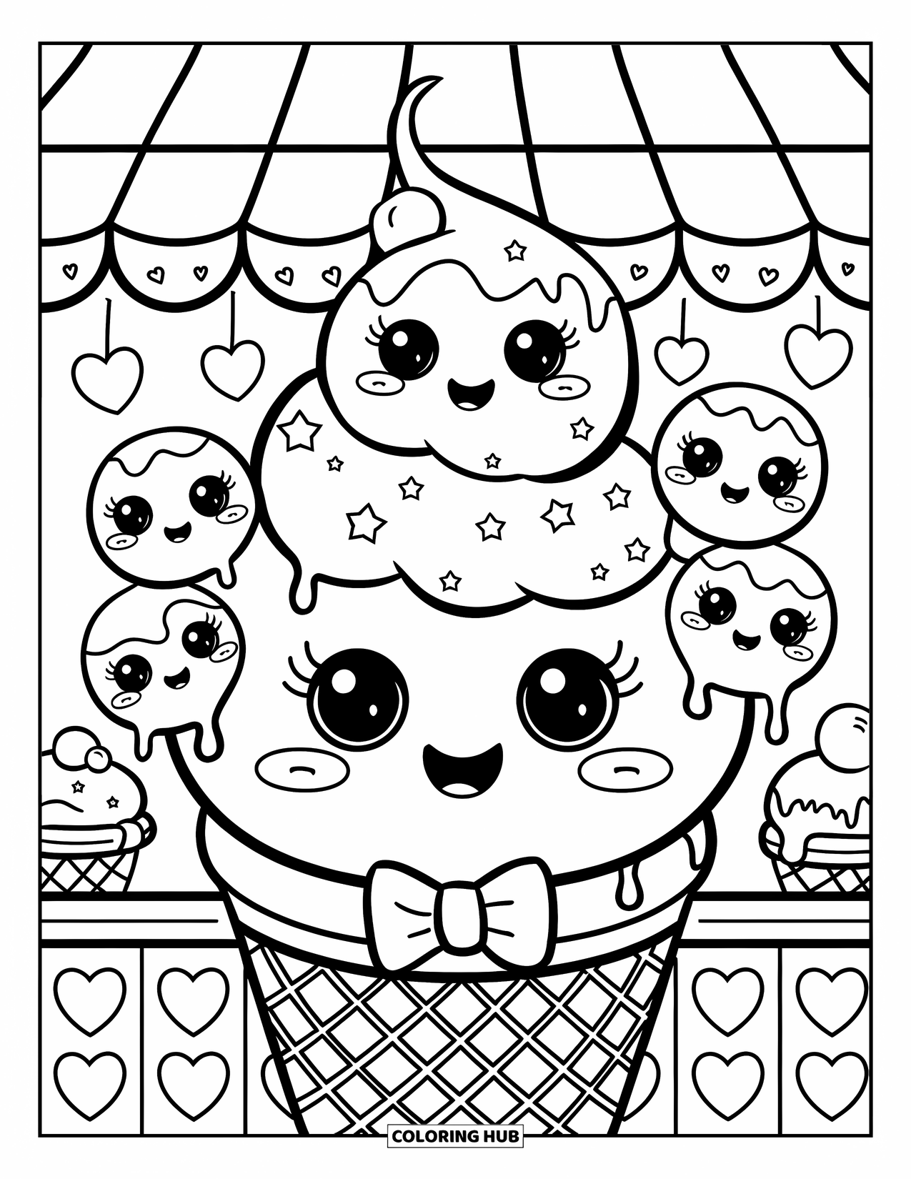 Coloriage de myrtille pour adultes : Un cornet de crème glacée géant à la myrtille avec des joues rouges est assis dans une boutique de desserts kawaii