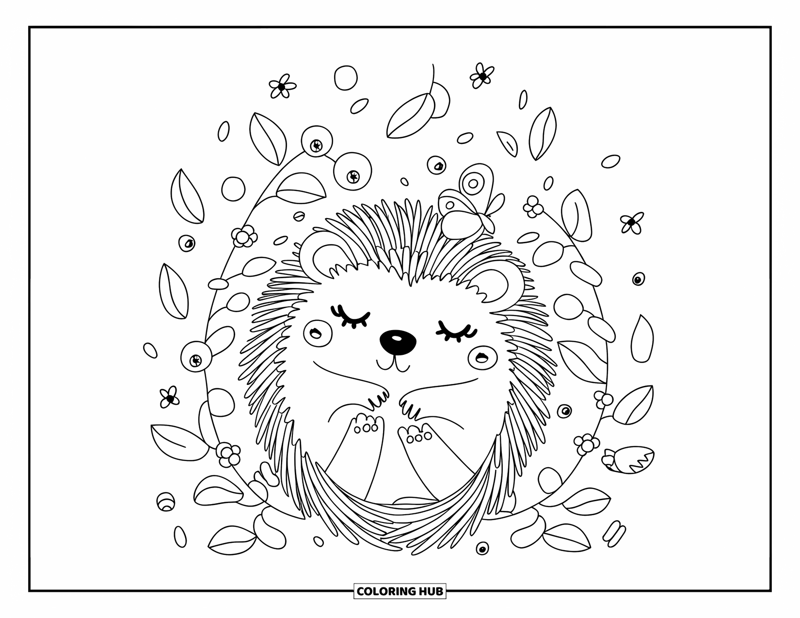 Coloriage de myrtille pour adultes : Un hérisson se recroqueville dans un buisson de myrtilles tandis qu’un papillon se pose sur son nez