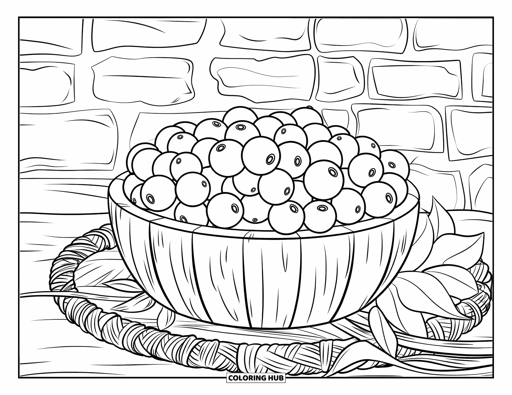 Coloriage de myrtille pour adultes : Un bol en bois rustique rempli de myrtilles est posé sur un panier tressé avec des brindilles feuillues