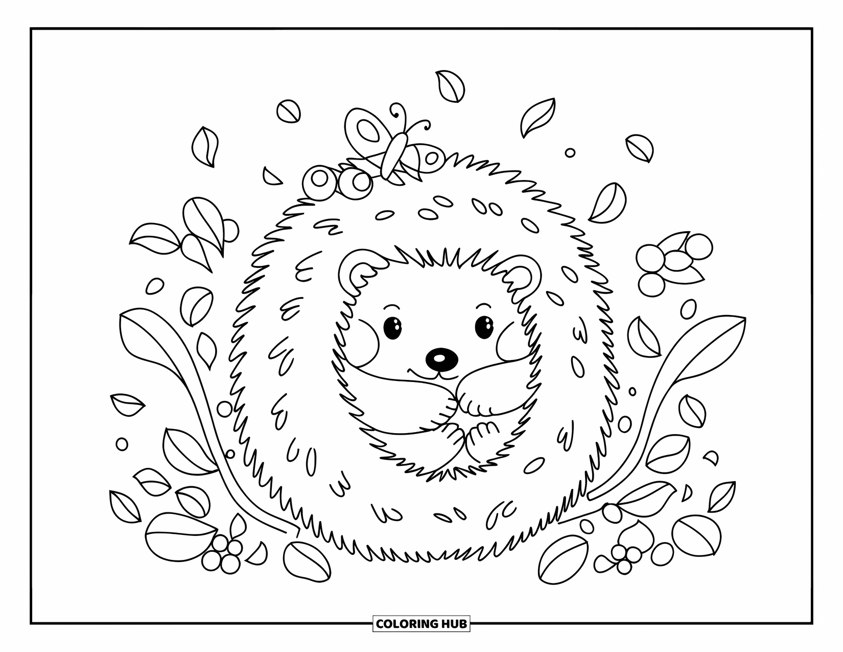 Coloriage de myrtille pour adultes : Un hérisson endormi profite d’une sieste douillette dans un buisson de myrtilles tandis que des feuilles tombent autour