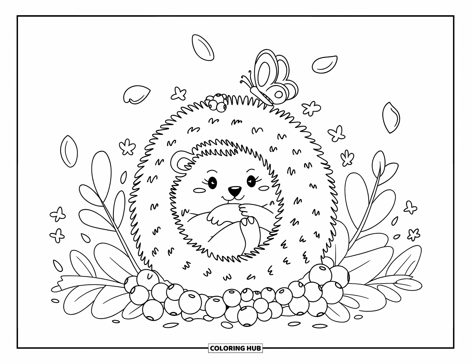 Coloriage de myrtille pour adultes : Un minuscule hérisson se blottit parmi les myrtilles, couronné de baies et entouré de pétales