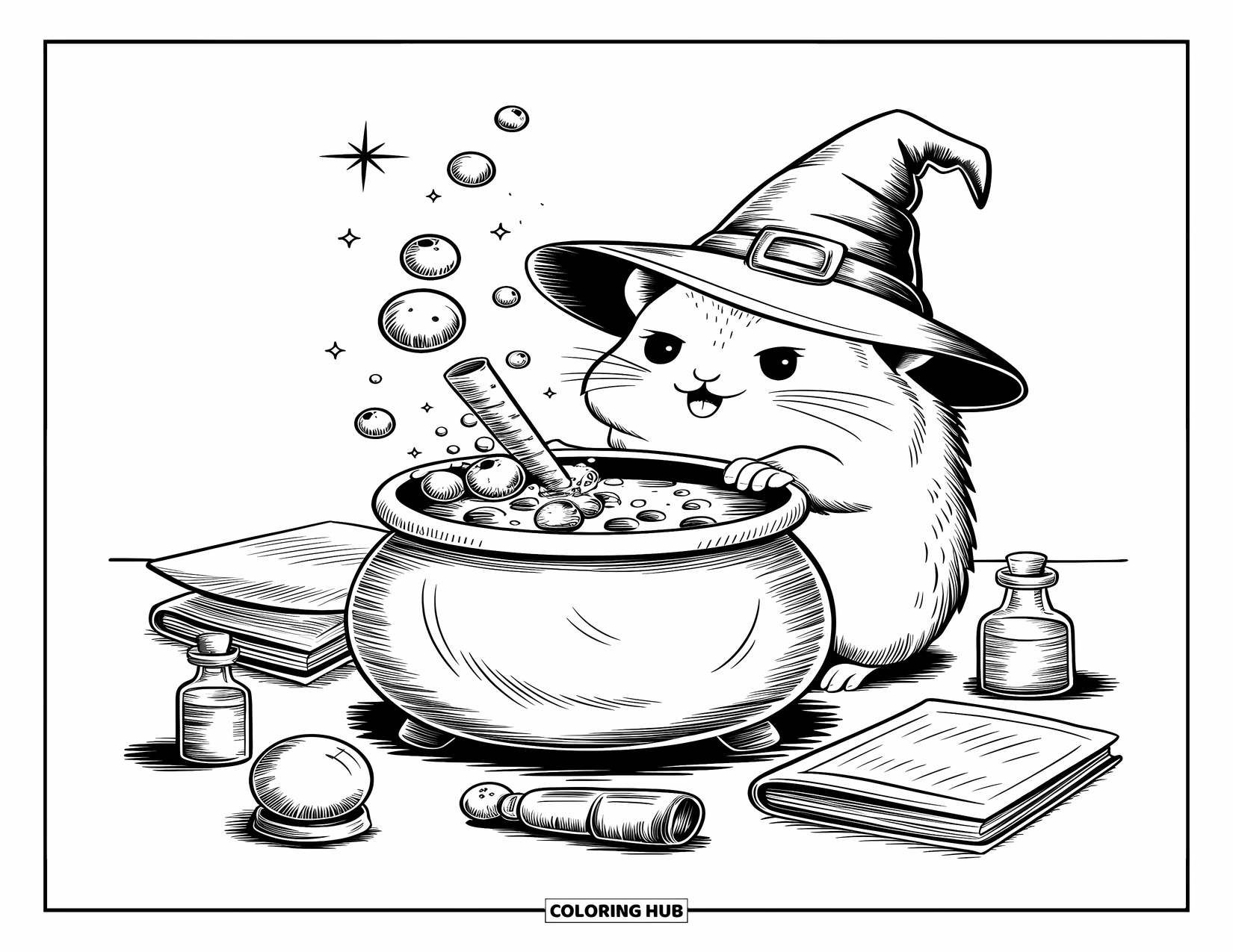 Coloriage de myrtille pour adultes : Un minuscule hamster sorcier remue une potion de myrtilles bouillonnante dans un chaudron magique