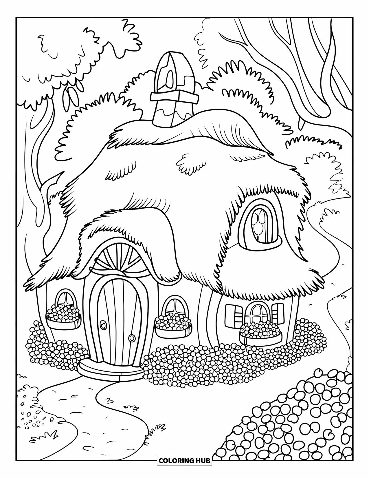Coloriage de myrtille pour adultes : Un cottage de conte de fées fantaisiste niché parmi de luxuriants buissons de myrtilles