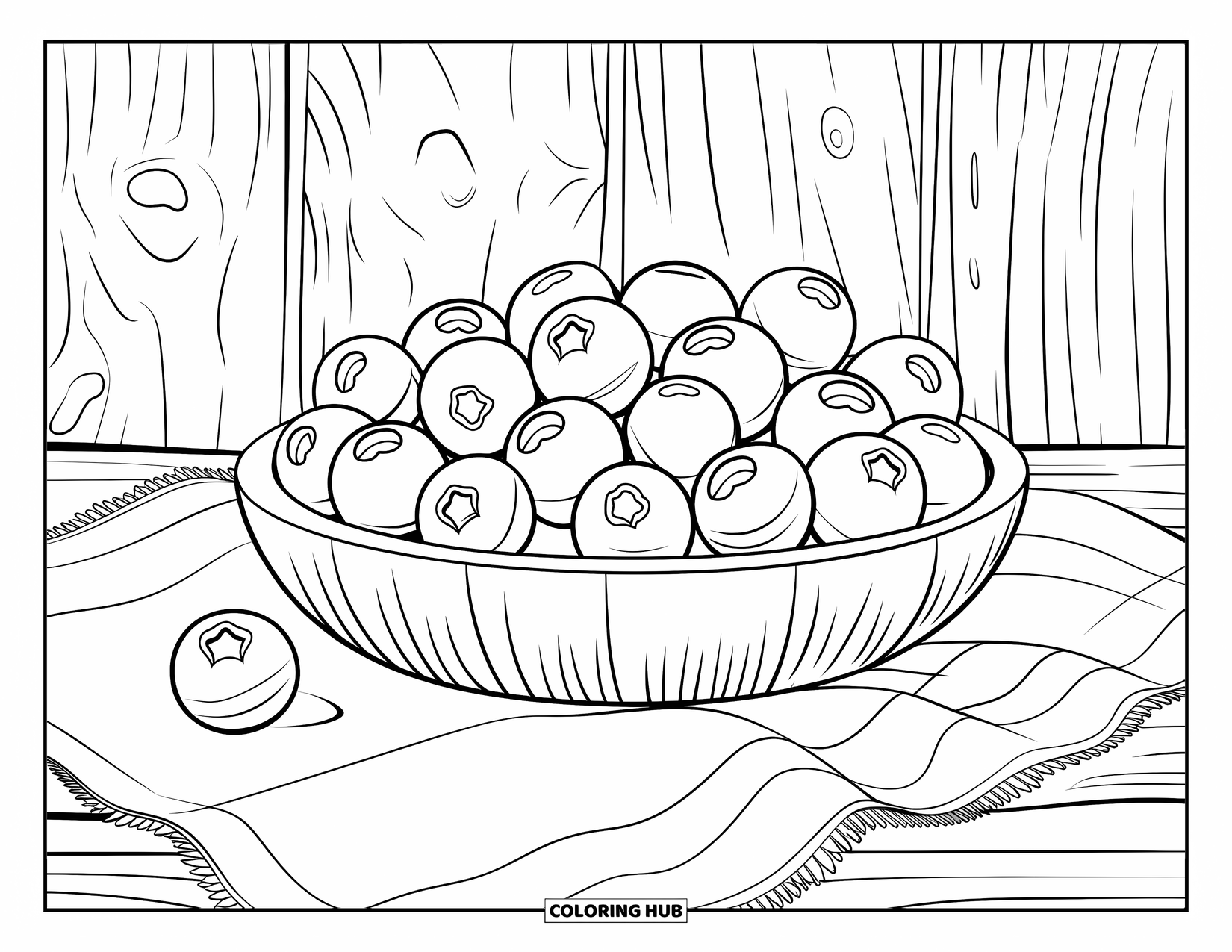 Coloriage de myrtille pour adultes : Un panier tressé contient un bol en bois de myrtilles sur fond de briques texturées