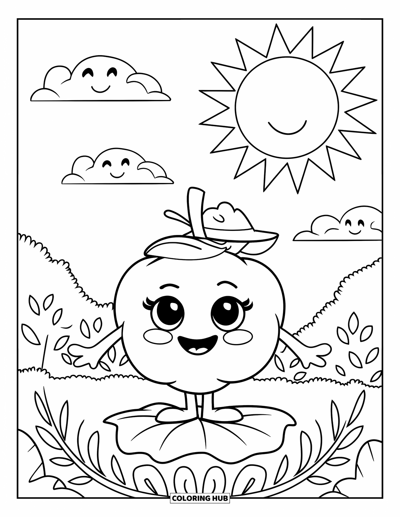 Coloriage de myrtille pour enfants : Une myrtille rayonnante coiffée d’un minuscule chapeau profite de la chaleur du soleil par une journée claire