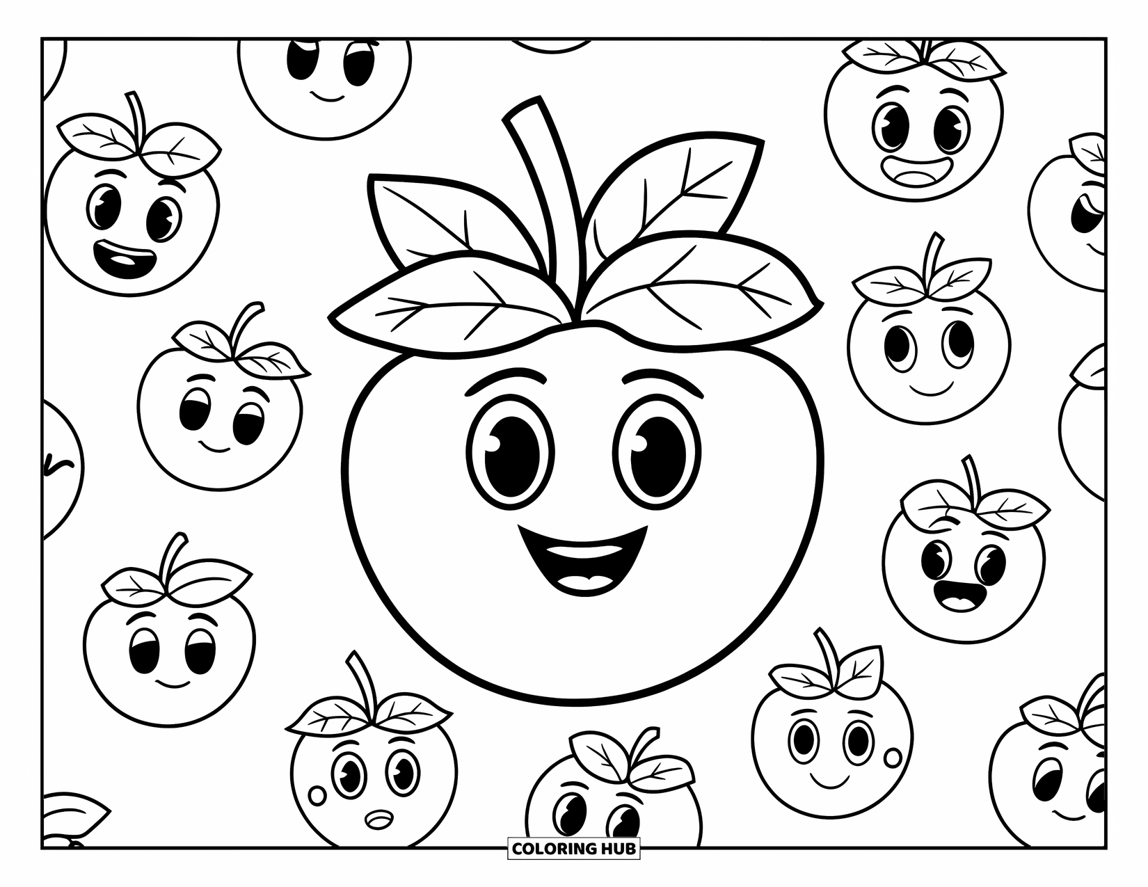 Coloriage de myrtille pour enfants : Une grosse myrtille avec un nez en bouton sourit tandis que des myrtilles plus petites l’entourent