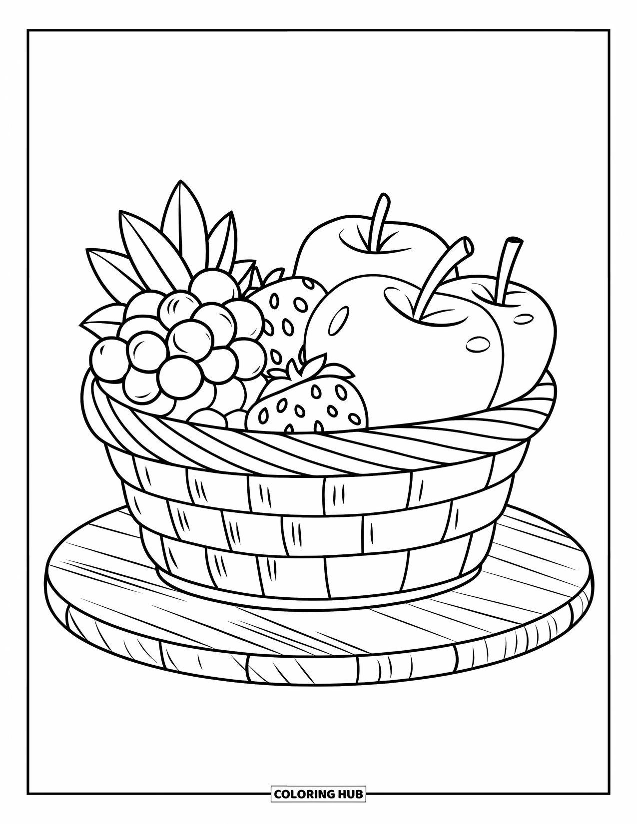 Coloriage de myrtille pour enfants : Un charmant panier de fruits contient une variété de baies et de pommes, attendant d’être cueillies