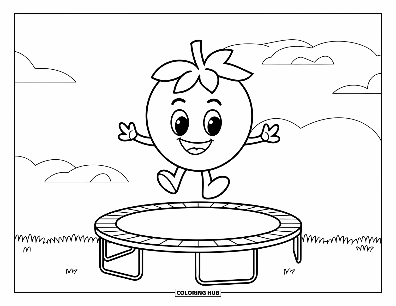 Coloriage de myrtille pour enfants : Une myrtille joyeuse rebondit sur un trampoline, souriant largement en plein vol