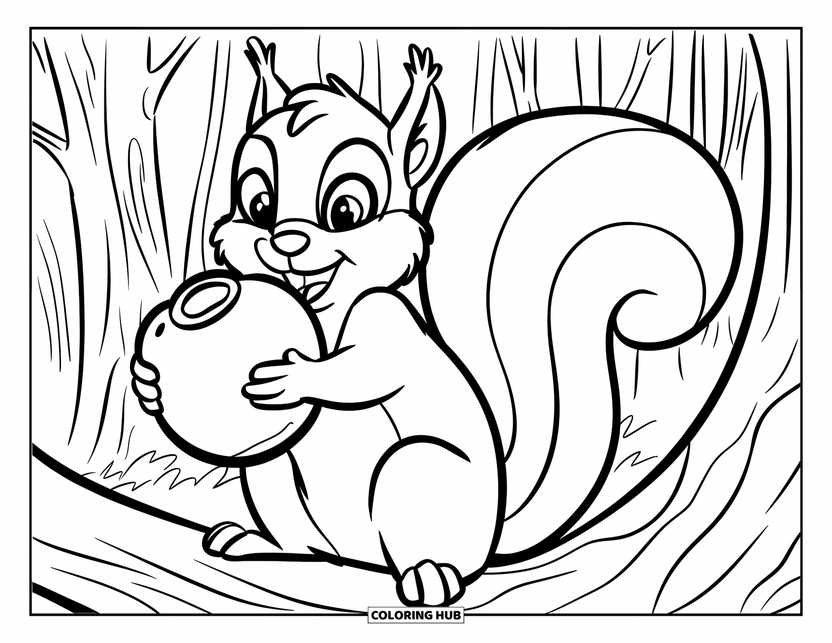 Coloriage de myrtille pour enfants : Un écureuil joyeux serre une myrtille géante tout en étant perché sur une branche d’arbre