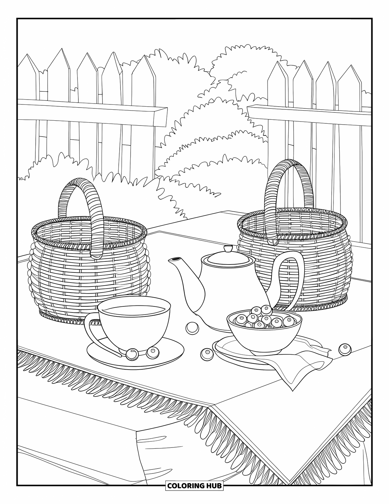 Coloriage de myrtille pour enfants : Un pique-nique à la campagne comprend du thé, des myrtilles fraîches et de charmants paniers tressés